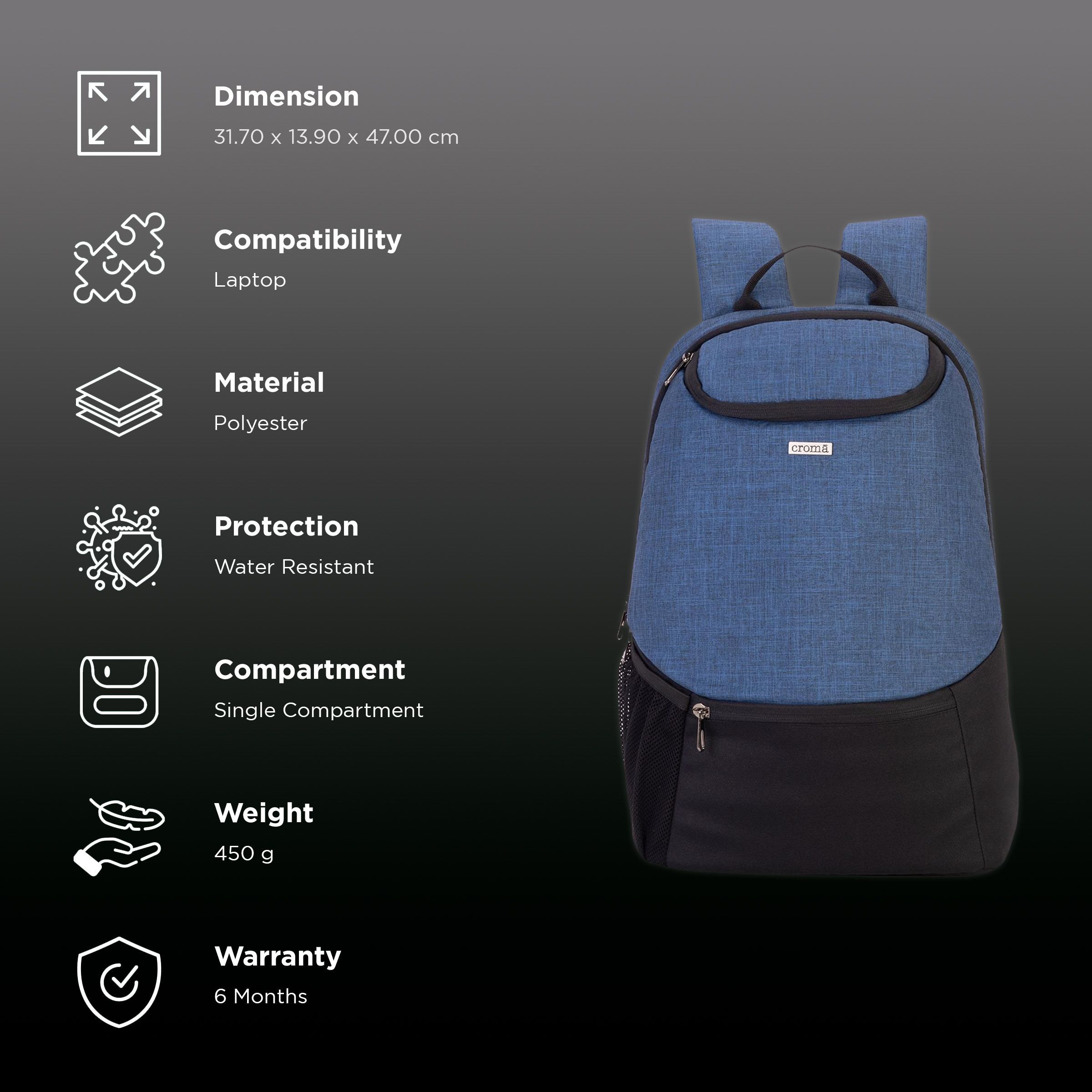 Croma Polyester Laptop Backpack for 15.6 Inch Laptop (21 L, Padded Shoulder Straps, Blue and Black) Croma Polyester Laptop Backpack for 15.6 Inch Laptop (21 L, Padded Shoulder Straps, Blue and Black)_2