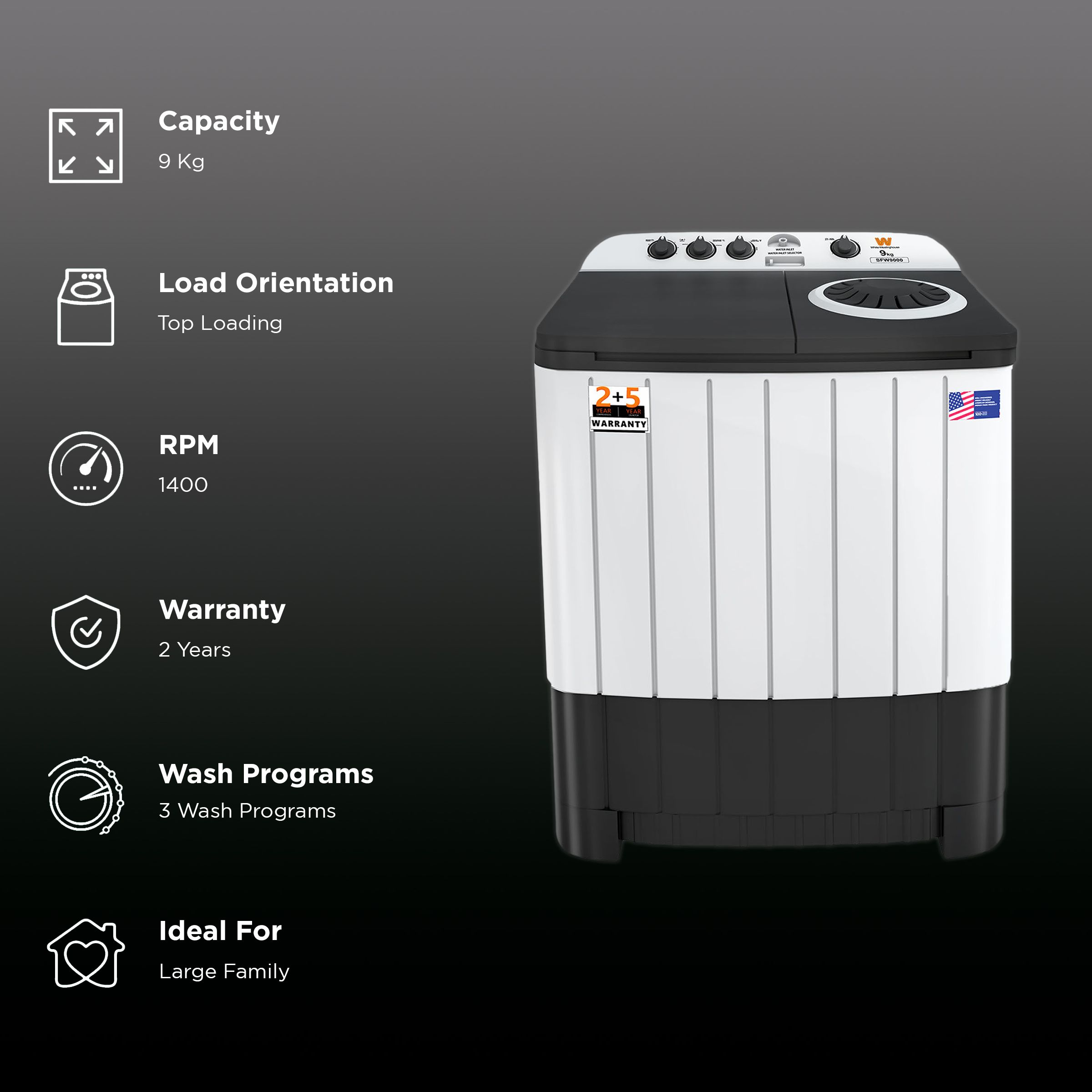 White Westinghouse 9 kg Semi Automatic Washing Machine with 3 Wash Programs (FlexyDry, SFW9000, White and Black)_2