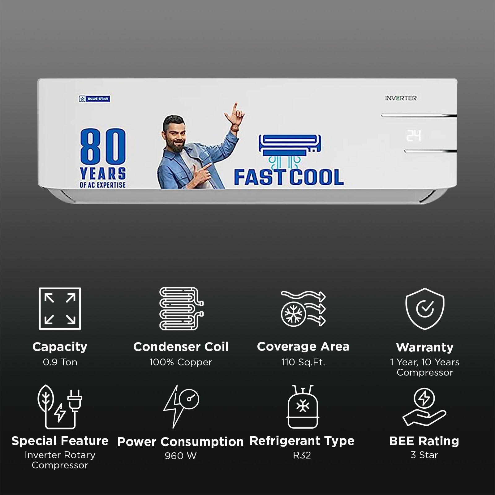 Blue Star 4 in 1 Convertible 0.9 Ton 3 Star Inverter Split AC with Self Diagnosis (Copper Condenser, IA311YNU) Blue Star 4 in 1 Convertible 0.9 Ton 3 Star Inverter Split AC with Self Diagnosis (Copper Condenser, IA311YNU)_2