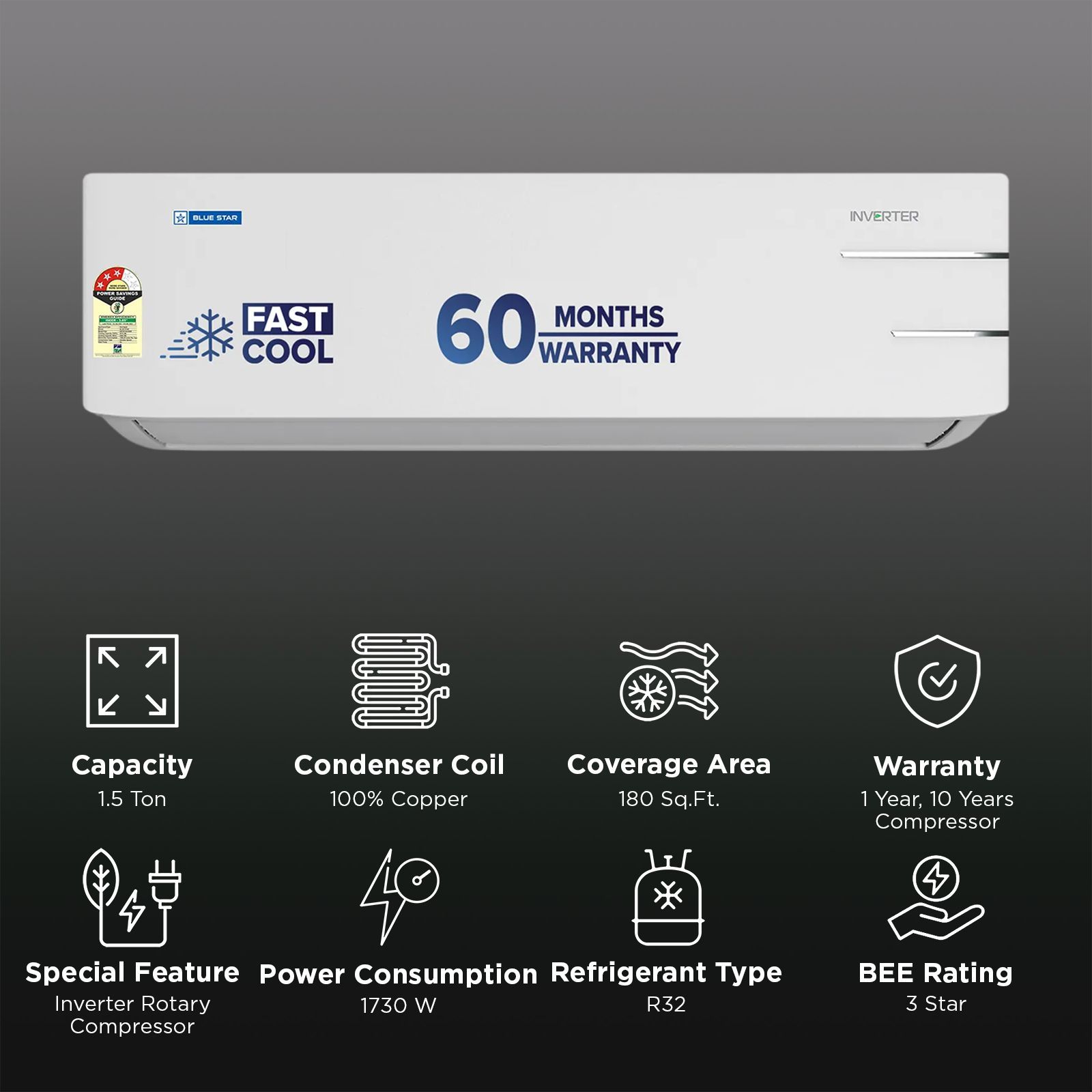 Blue Star Y Series 5 in 1 Convertible 1.5 Ton 3 Star Inverter Split AC with Self Diagnosis (Copper Condenser, ID318YKU) Blue Star Y Series 5 in 1 Convertible 1.5 Ton 3 Star Inverter Split AC with Self Diagnosis (Copper Condenser, ID318YKU)_2