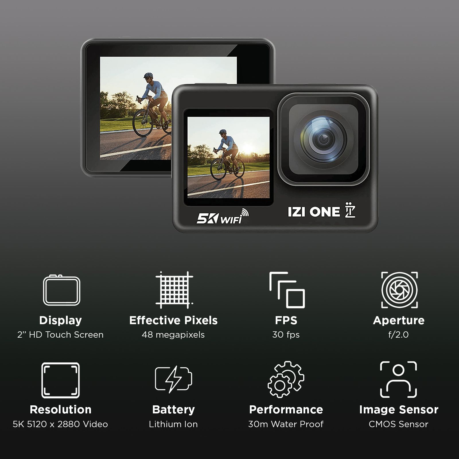 IZI ONE 5K and 48MP 30 FPS Waterproof Sports Action Camera with Dual Touch Screen (Black)_2