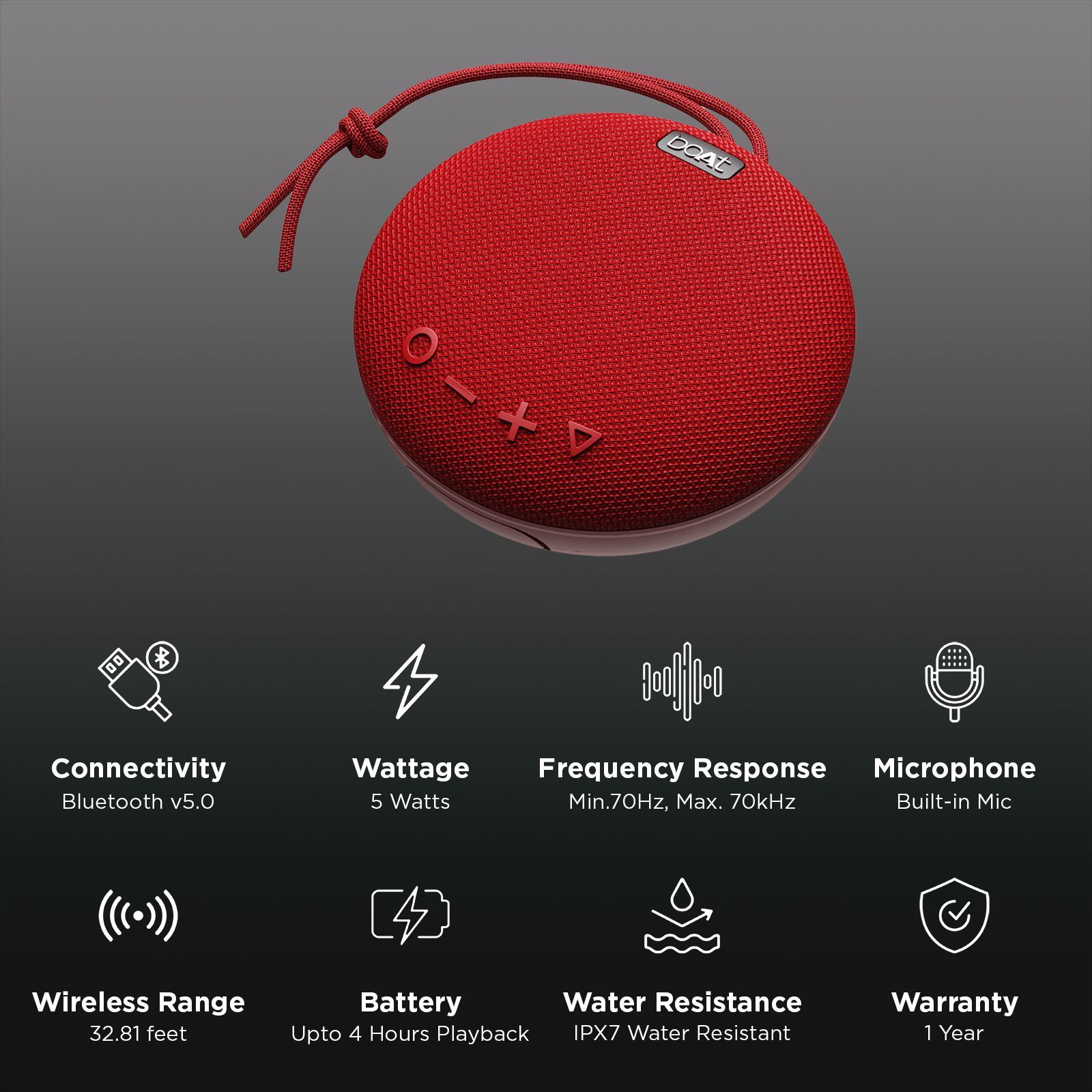 boAt Stone 193 5W Portable Bluetooth Speaker (IPX7 Water Resistant, Type - C Charging, Raging Red)_3
