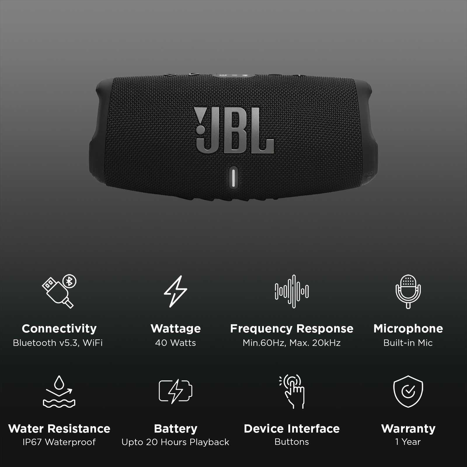 JBL Charge 5 Wi-Fi 30W Portable Bluetooth Speaker (IP67 Water Proof, 20 Hours Playback Time, Black)_3