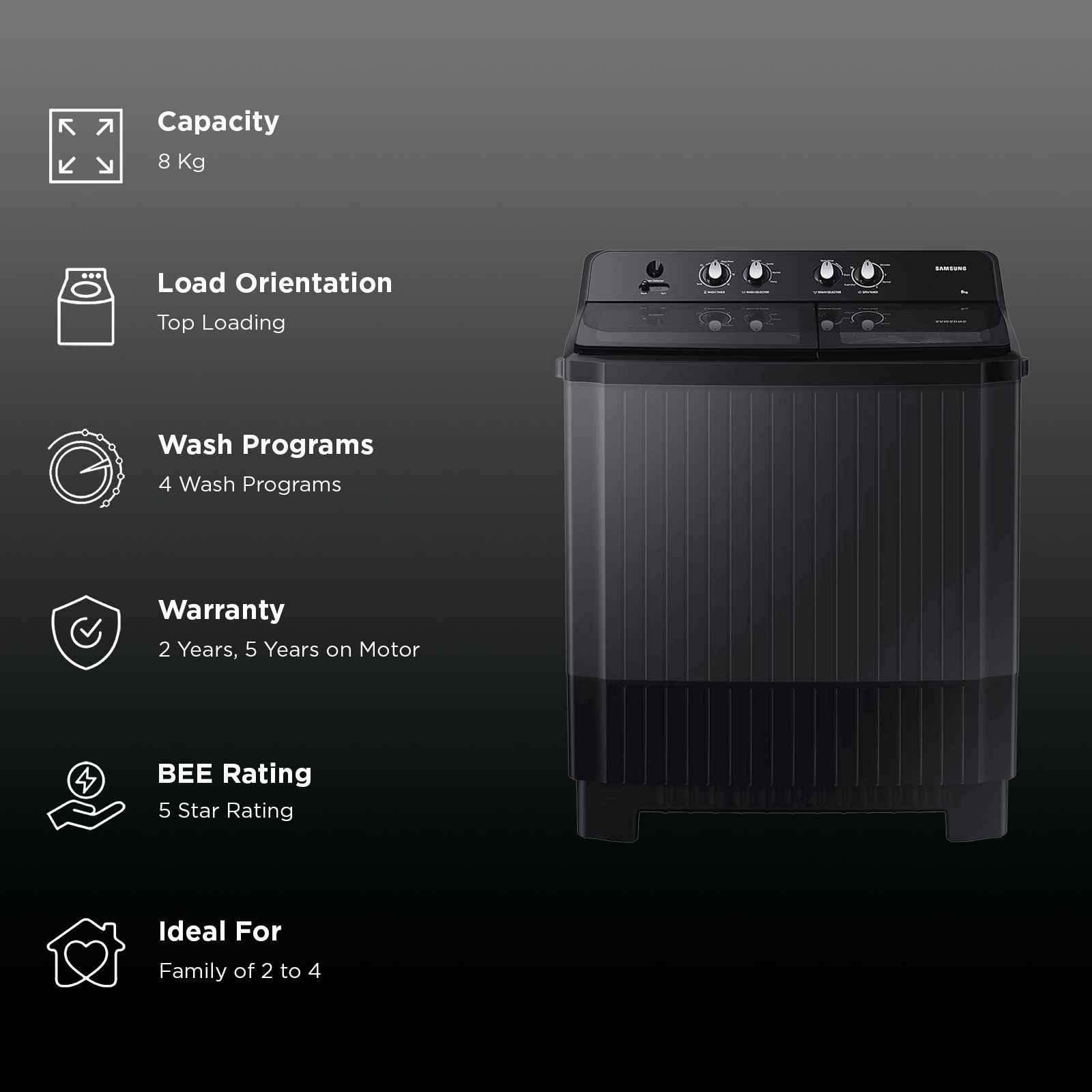 SAMSUNG 8 kg 5 Star Semi Automatic Washing Machine with Hexa Storm Pulsator (WT80B3560GB/TL, Dark Gray)_3