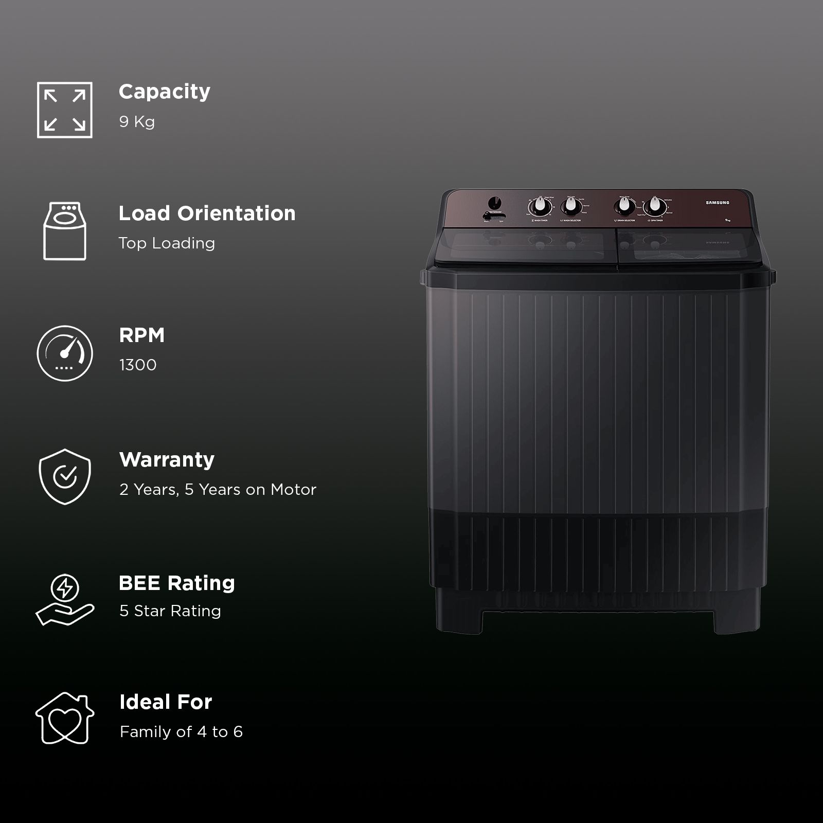 SAMSUNG 9 kg 5 Star Semi Automatic Washing Machine with Hexa Storm Pulsator (WT90B3560RB/TL, Dark Gray)_3