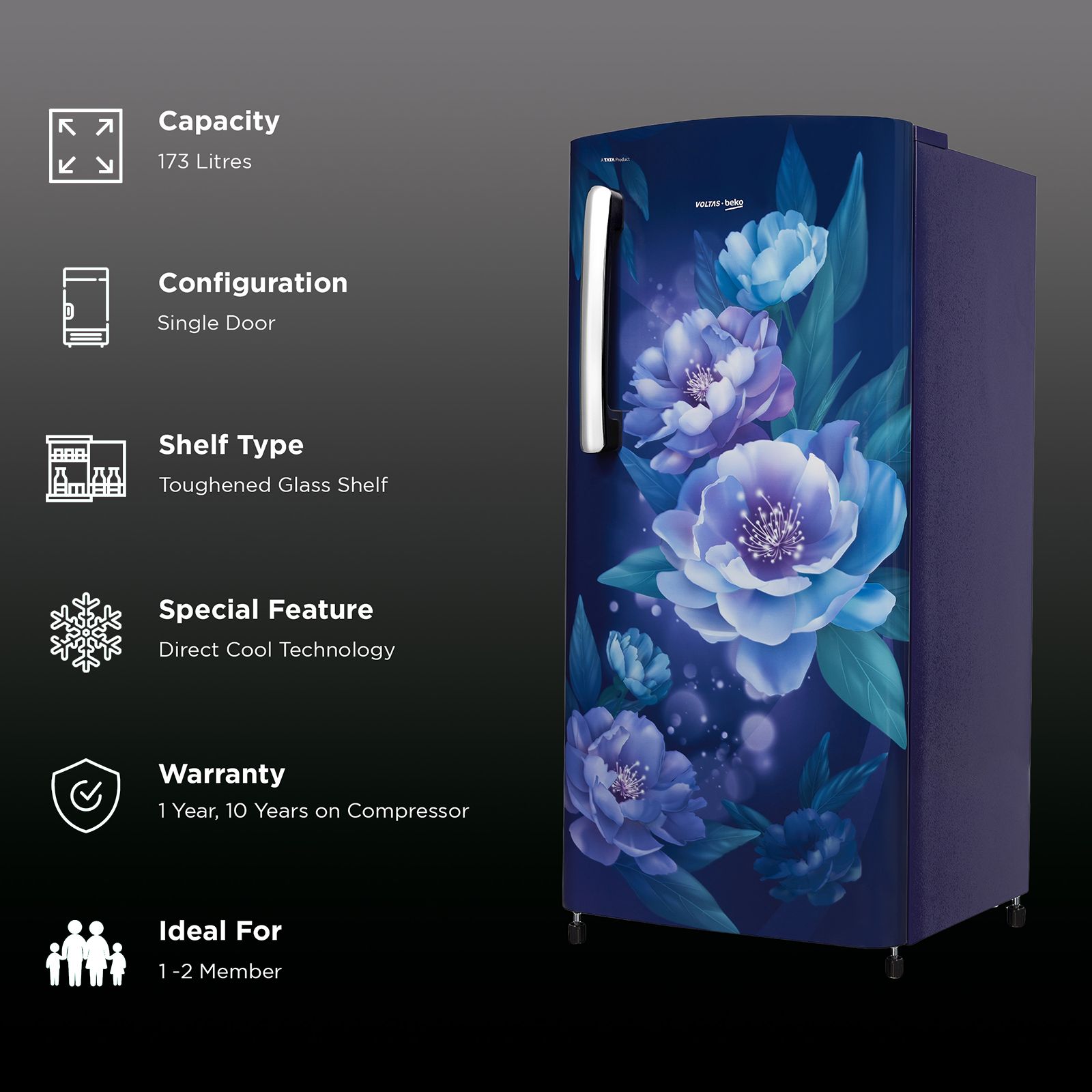 VOLTAS beko 173 Litres 3 Star Direct Cool Single Door Refrigerator with Reciprocating Compressor (RDC205C / S0PBE0M0, Peony Blue) VOLTAS beko 173 Litres 3 Star Direct Cool Single Door Refrigerator with Reciprocating Compressor (RDC205C / S0PBE0M0, Peony Blue)_2