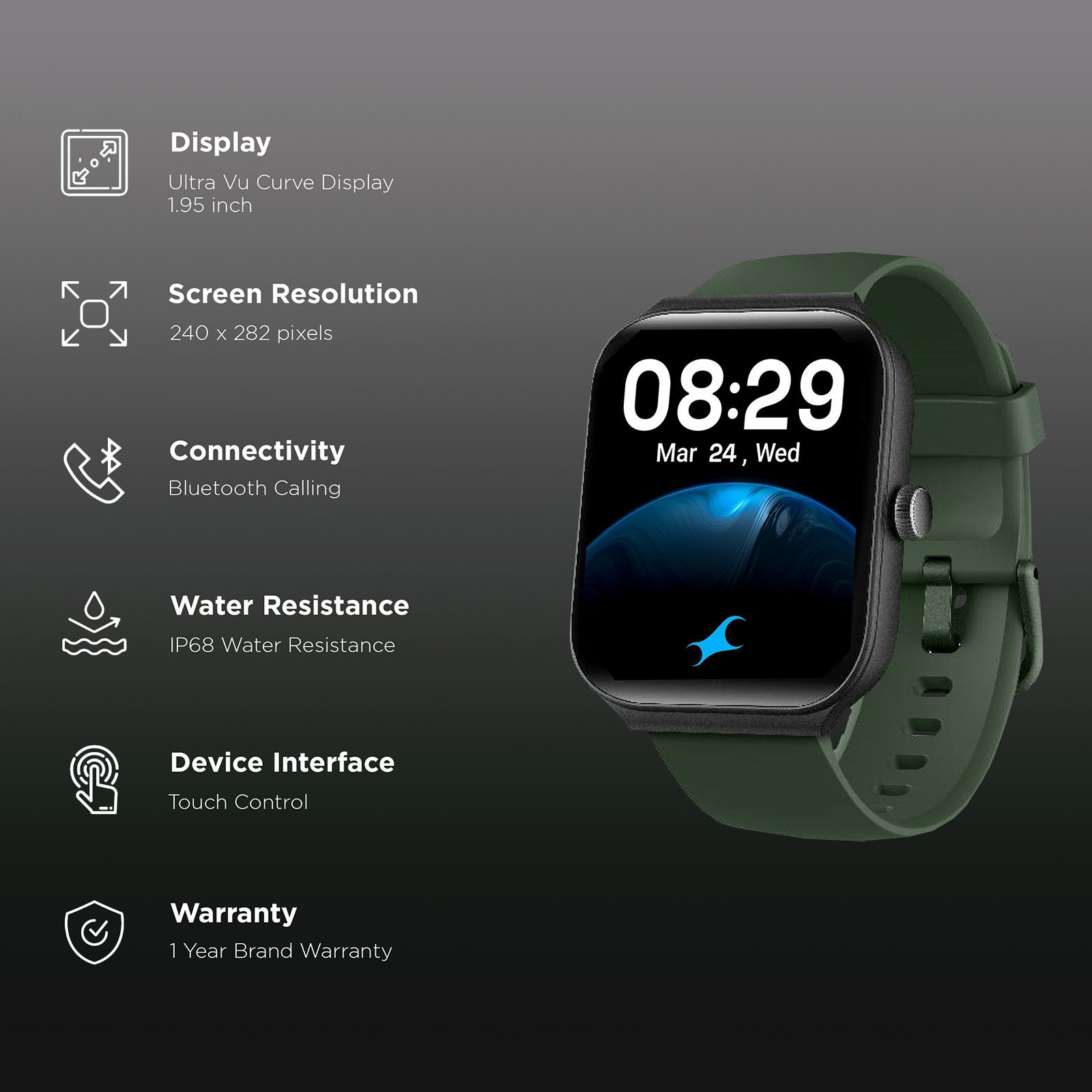 fastrack Reflex Horizon Smartwatch with Bluetooth Calling (49.5mm TFT LCD Display, IP68 Water Resistant, Green Strap)_2