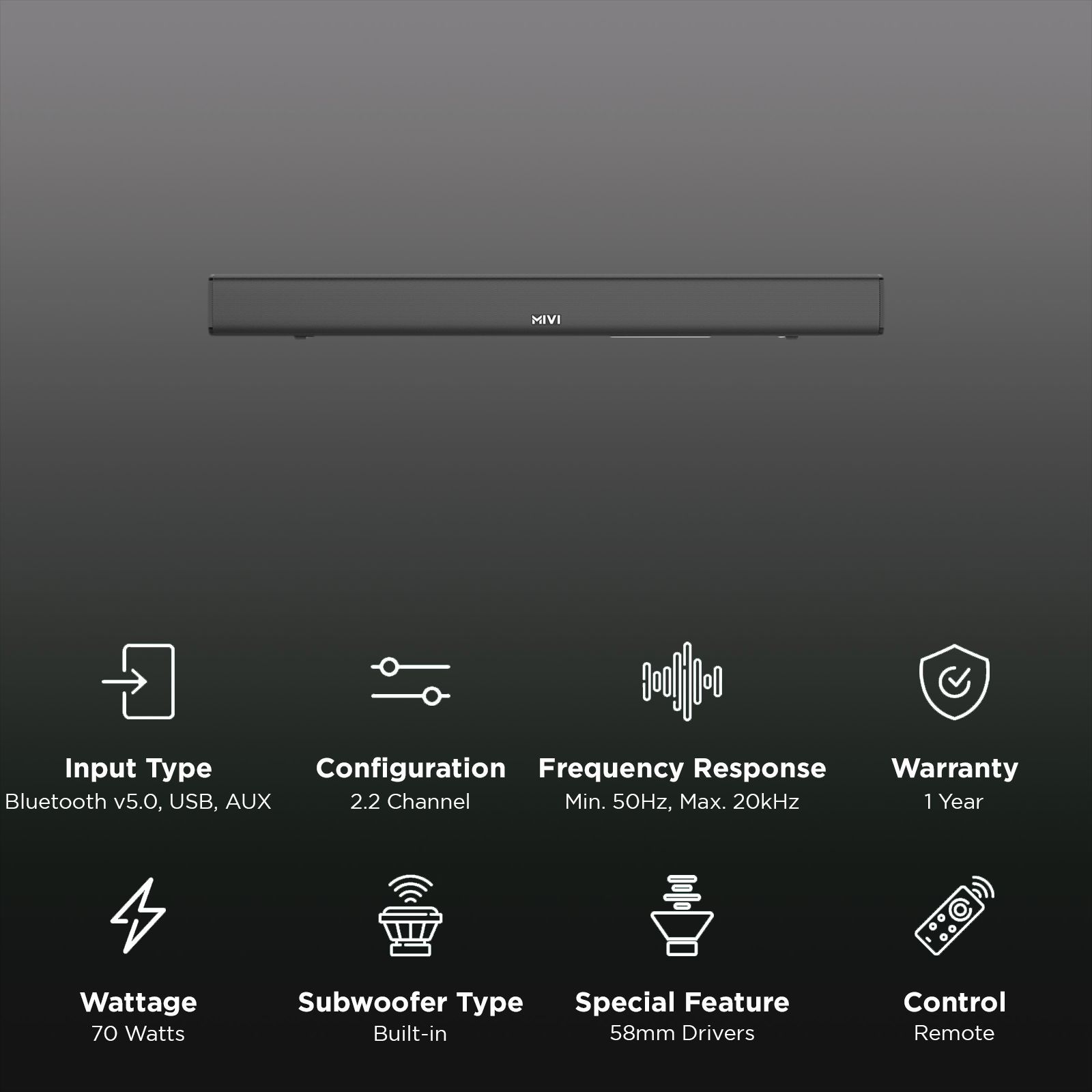 MIVI Fort R70 70W Bluetooth Soundbar with Remote (Cinematic Sound, 2.2 Channel, Black)_3