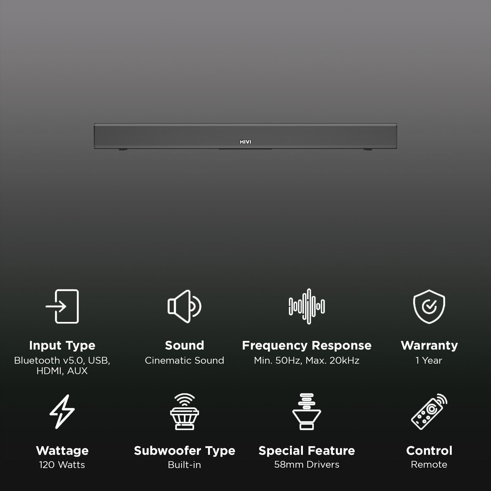 MIVI Fort R120 120W Bluetooth Soundbar with Remote (Cinematic Sound, 2.2 Channel, Black)_3