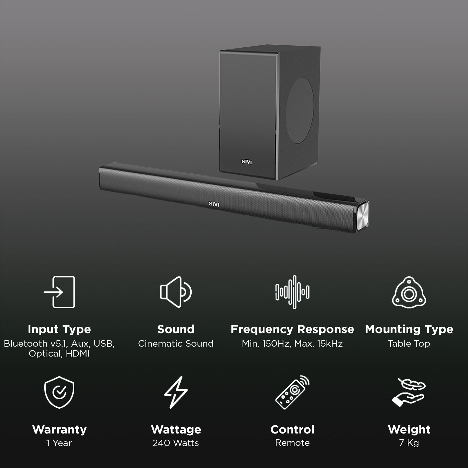 MIVI Fort R240 240W Bluetooth Soundbar with Remote (Cinematic Sound, 2.1 Channel, Black)_3