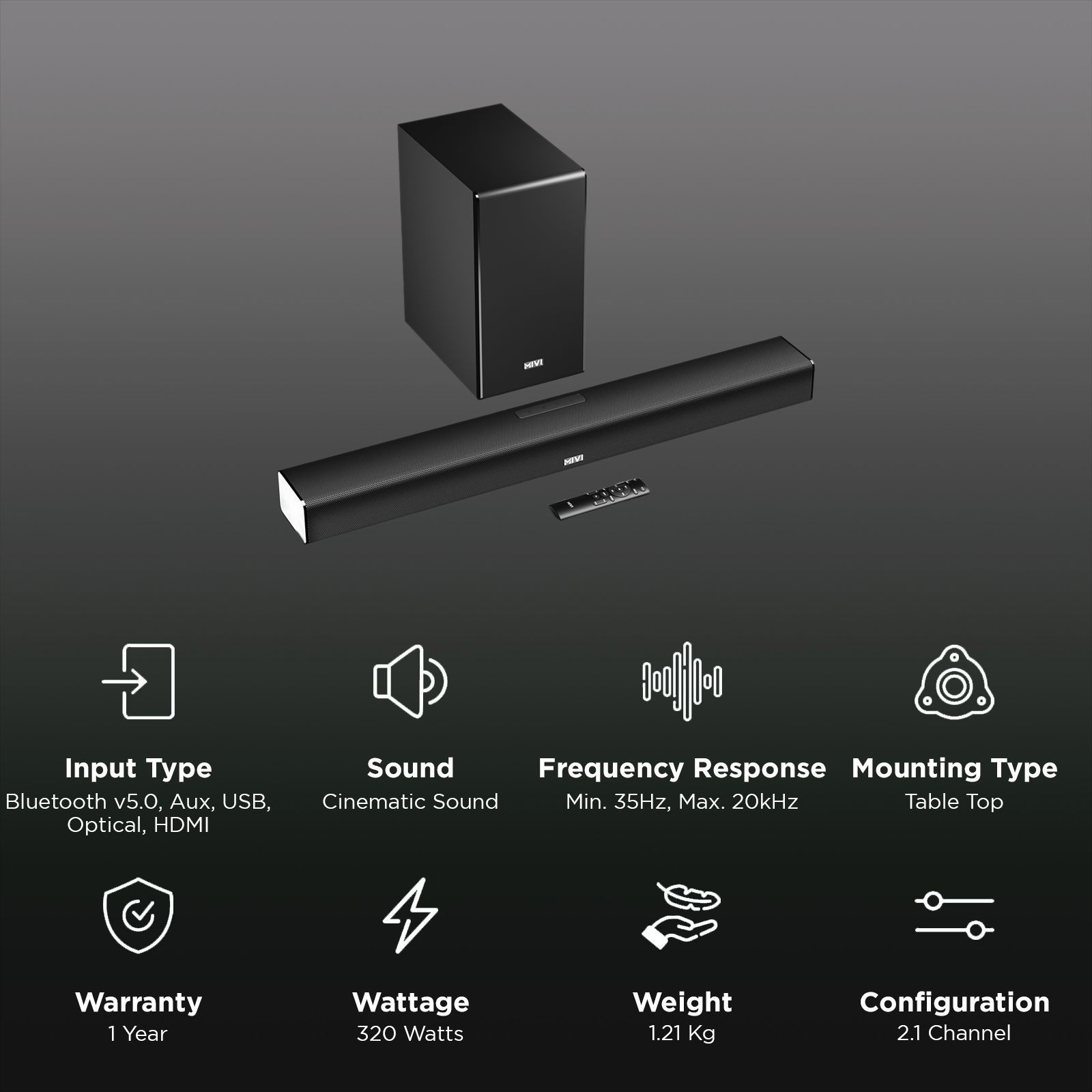 MIVI Fort R320 320W Bluetooth Soundbar with Remote (Cinematic Surround Sound, 2.1 Channel, Black)_3