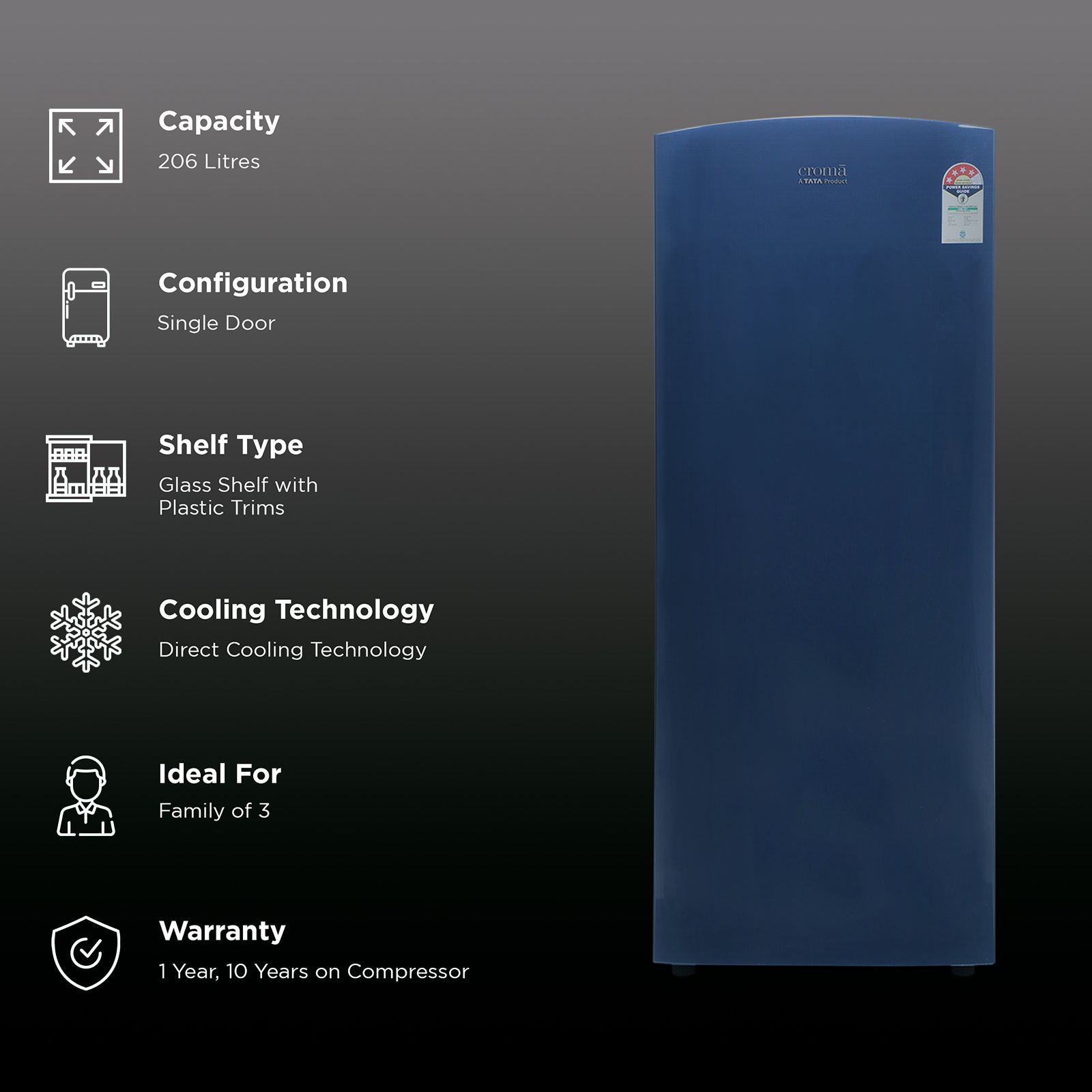 Croma 206 Litres 4 Star Direct Cool Single Door Refrigerator with Inverter Compressor ( Blue) Croma 206 Litres 4 Star Direct Cool Single Door Refrigerator with Inverter Compressor ( Blue)_2