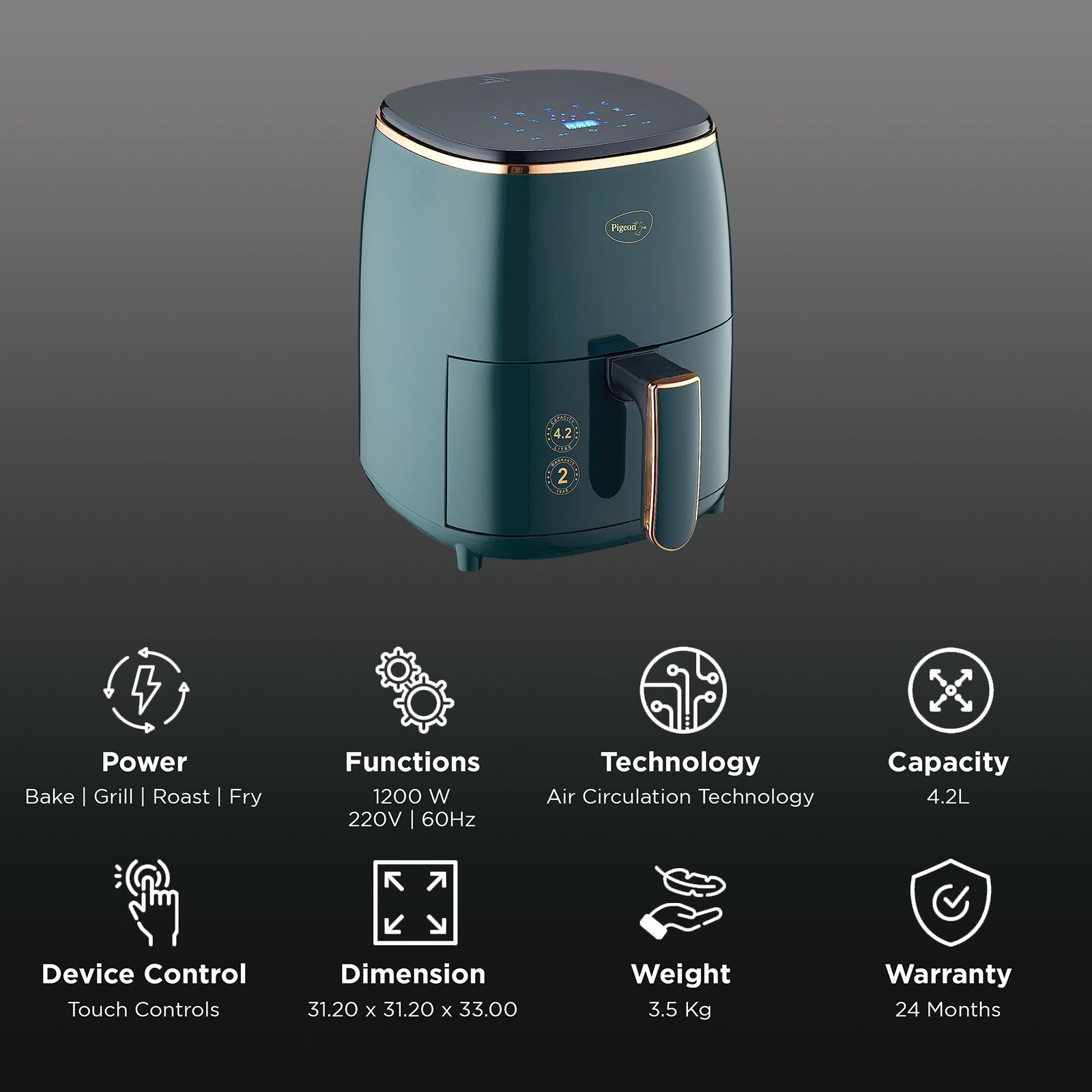 Pigeon Healthifry 4.2L 1200 Watt Digital Air Fryer with Air Circulation Technology (Green)_3