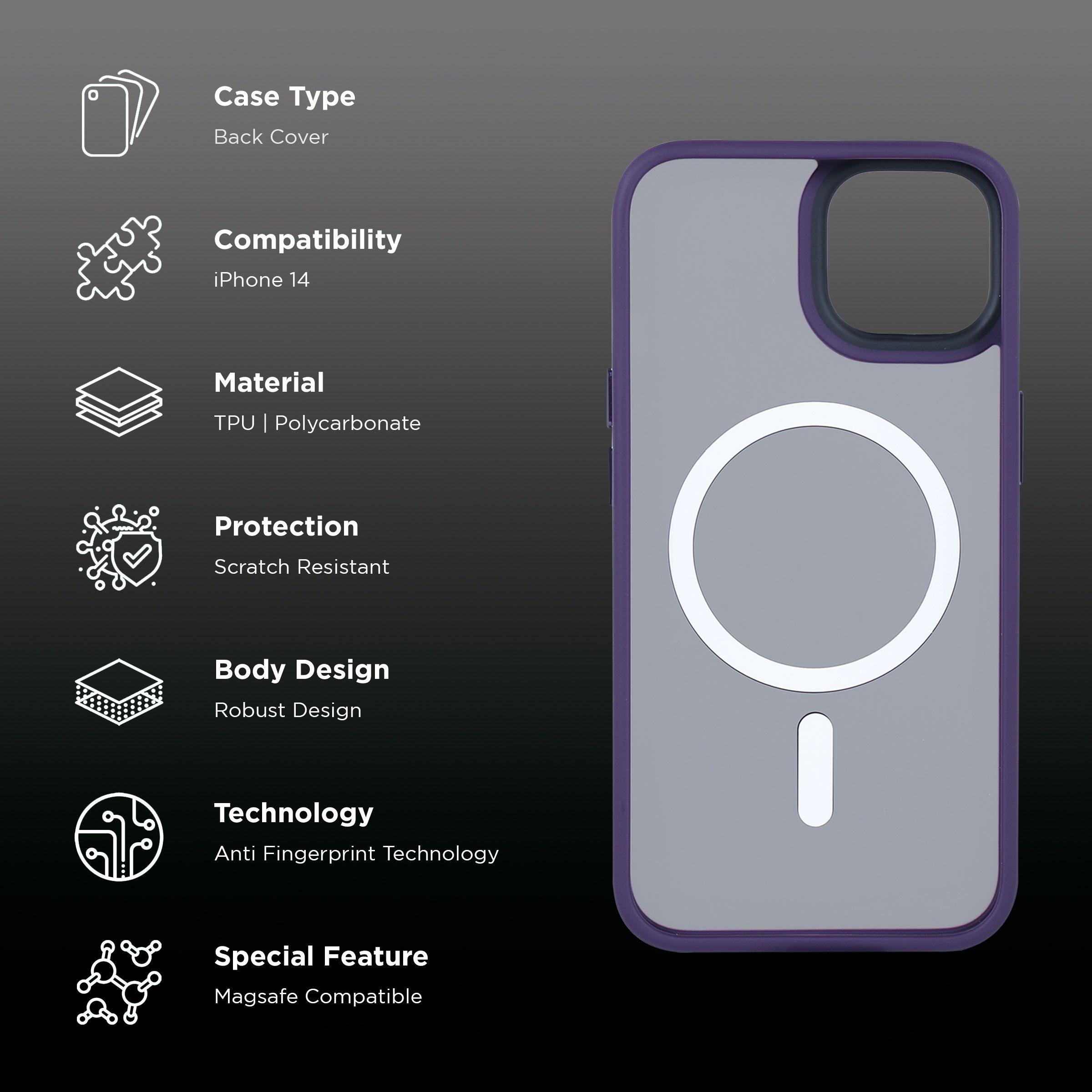 Croma Polycarbonate & TPU Matte Back Case for Apple iPhone 14 (Apple Compatible, Purple)_2