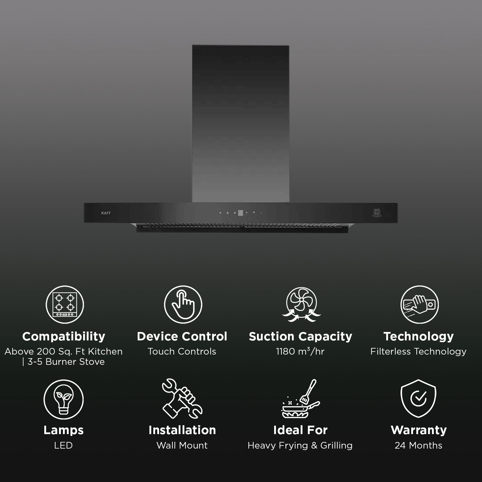 KAFF Ashpro 90cm 1180m3/hr Ducted Auto Clean Wall Mounted Chimney with Touch Control Panel (Black)_2