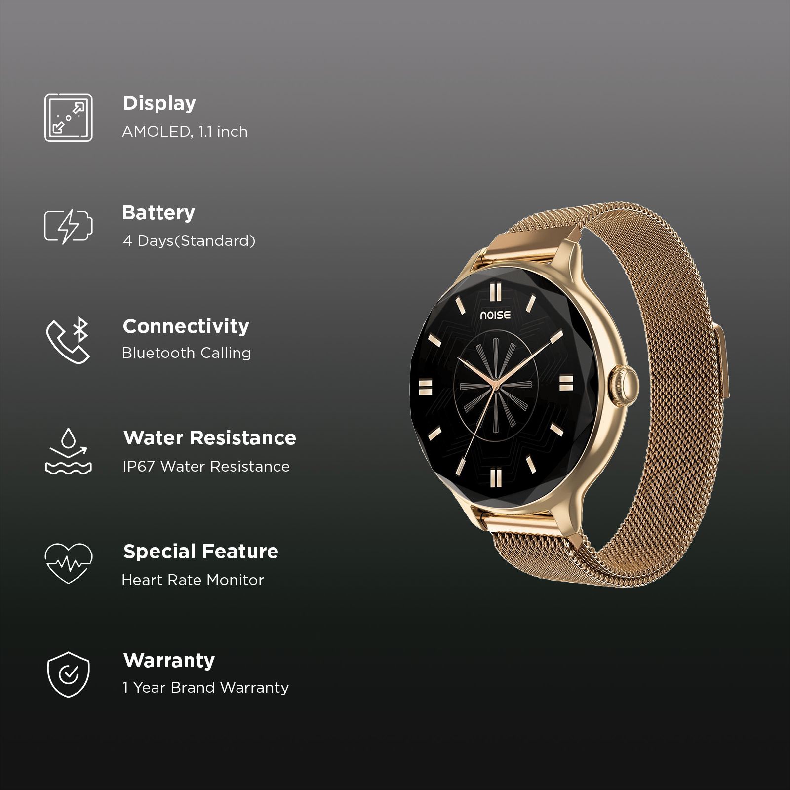 noise NoiseFit Diva Smartwatch with Bluetooth Calling (27.9mm AMOLED Display, IP67 Water Resistant, Gold Link Strap) noise NoiseFit Diva Smartwatch with Bluetooth Calling (27.9mm AMOLED Display, IP67 Water Resistant, Gold Link Strap)_2