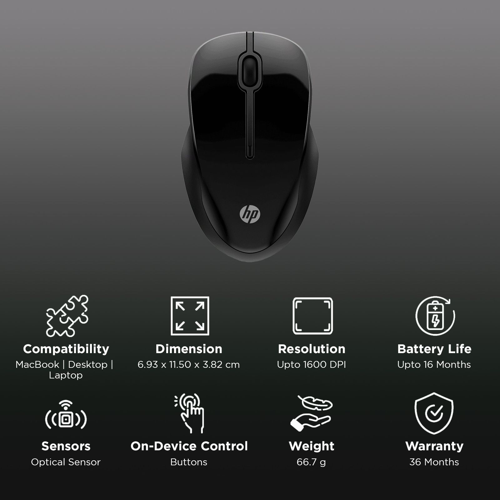 HP 250 Dual Bluetooth 5.0 Wireless Optical Mouse with Dual-Mode Connectivity (1600 DPI Adjustable, Multi Surface Tracking, Black)_2