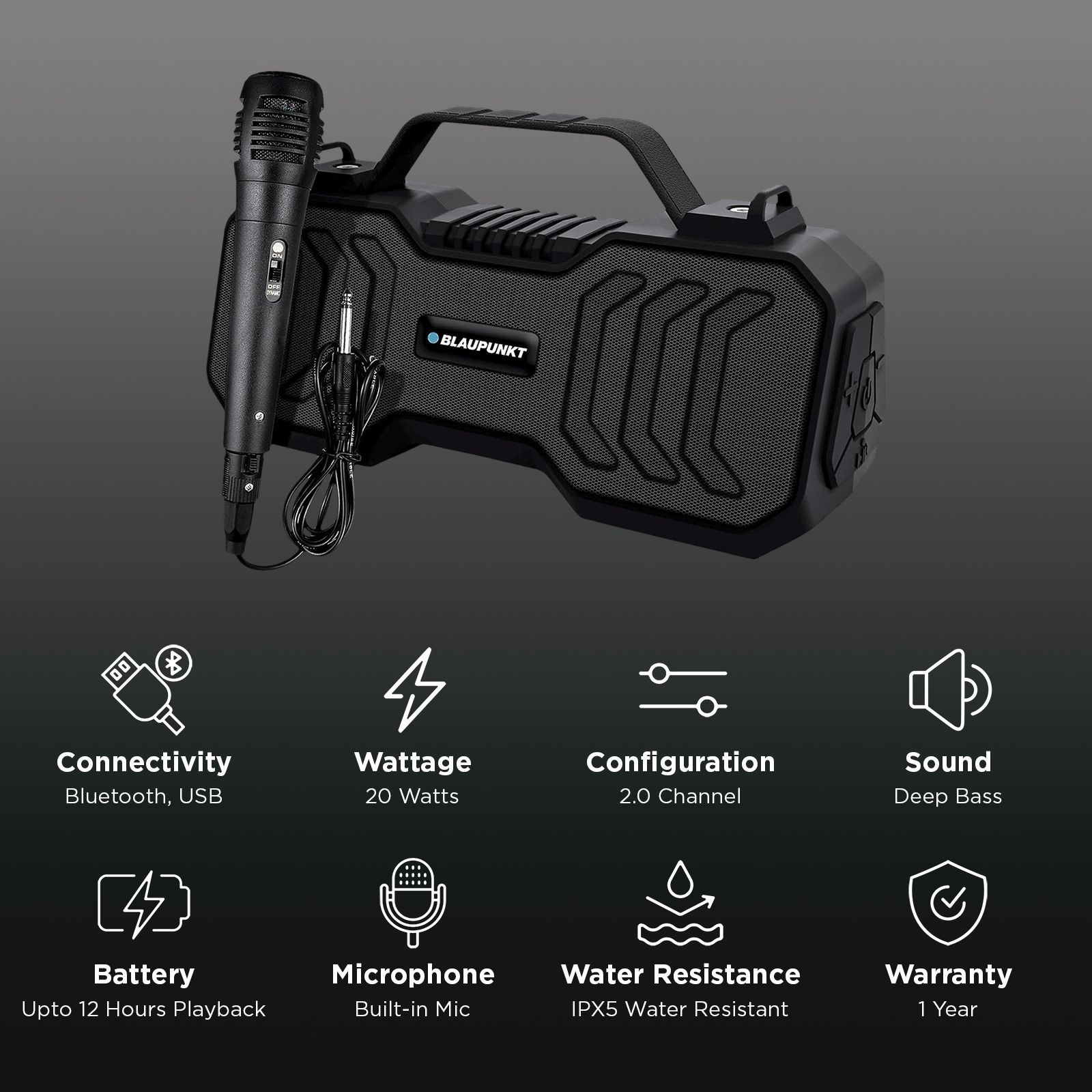 Blaupunkt Atomik BB20 20W Bluetooth Party Speaker with Mic (Karaoke Ready, 2.0 Channel, Black)_2