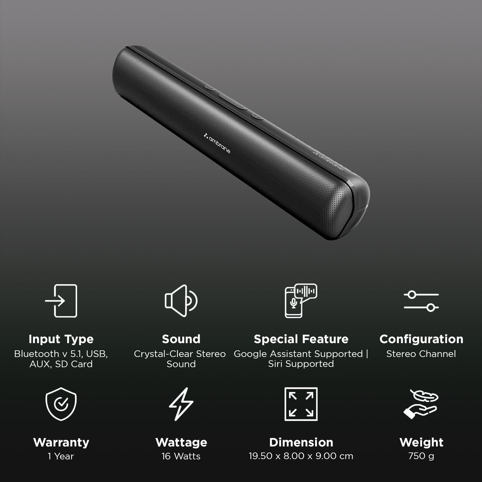 ambrane Evoke Beam 16 16W Bluetooth Soundbar (Crystal-Clear Sound, Stereo Channel, Black) ambrane Evoke Beam 16 16W Bluetooth Soundbar (Crystal-Clear Sound, Stereo Channel, Black)_2