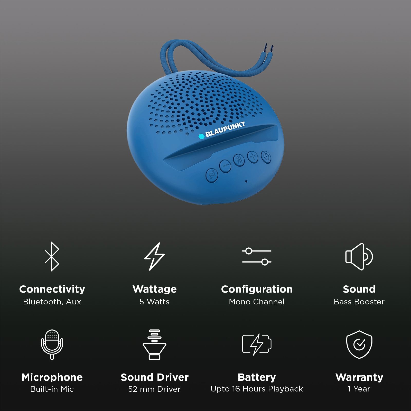 Blaupunkt BT02 5W Portable Bluetooth Speaker (52mm Speaker Driver, Mono Channel, Blue)_3