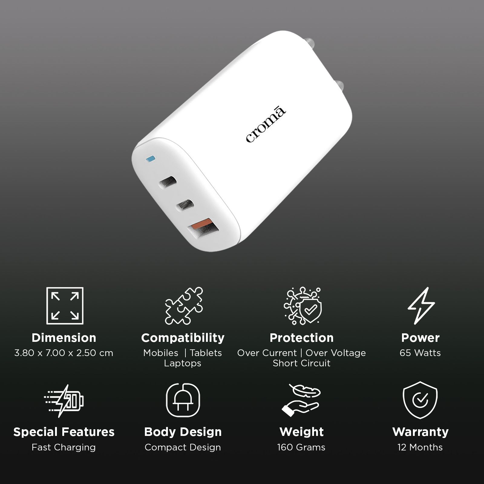 Croma 65W Type A & Type C 3-Port GaN Charger (Type C Cable, Over Voltage Protection, White)_3