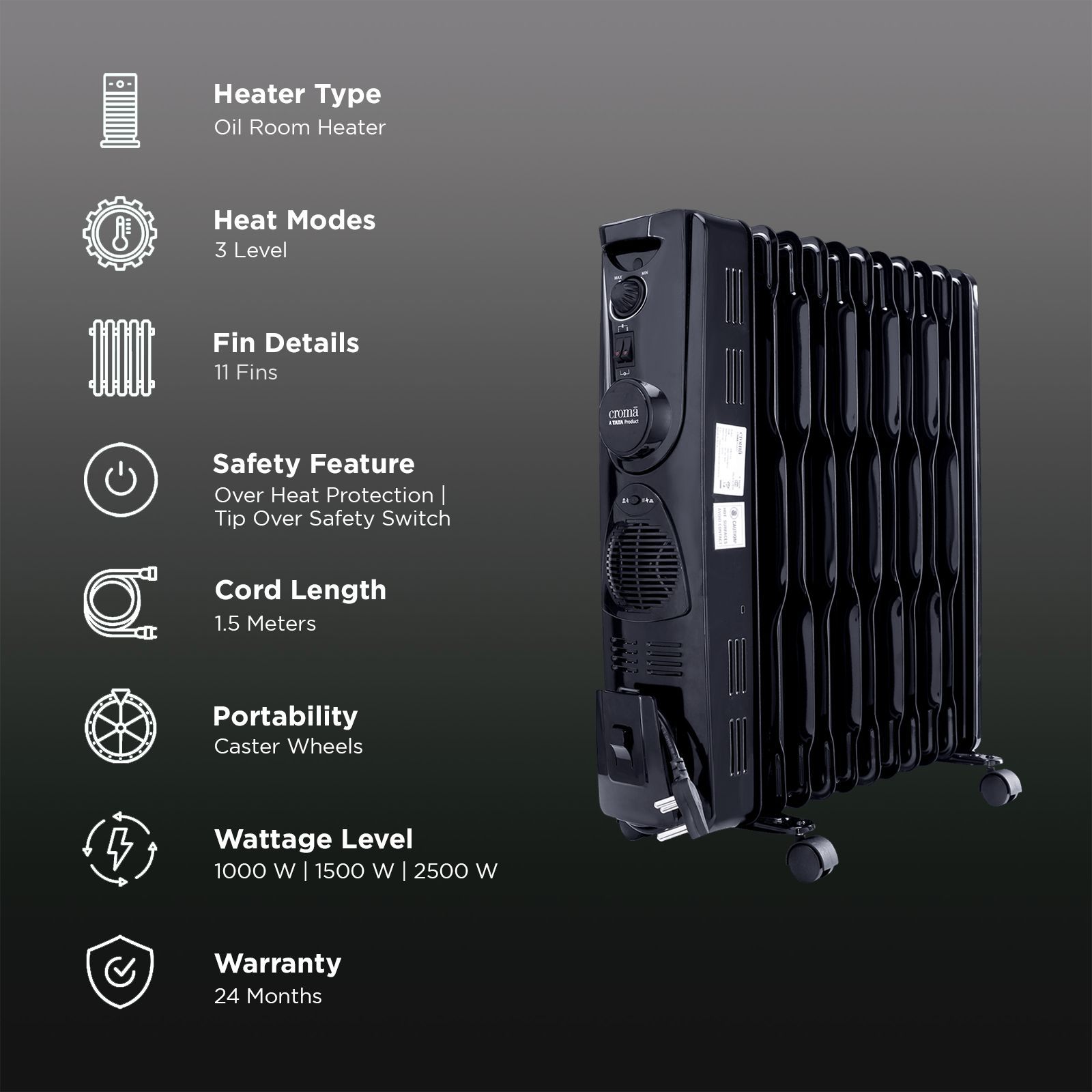 Croma 2500W PTC Oil Filled Room Heater with 11 Fins (Noiseless Operation_3