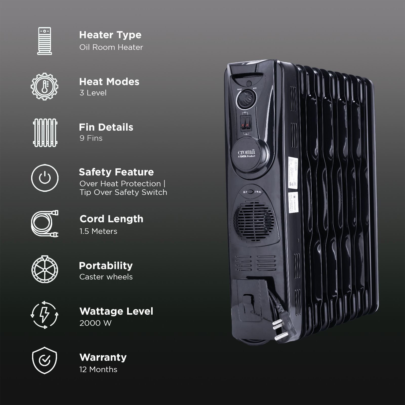 Croma 2000W PTC Oil Filled Room Heater with 9 Fins (Noiseless Operation_3