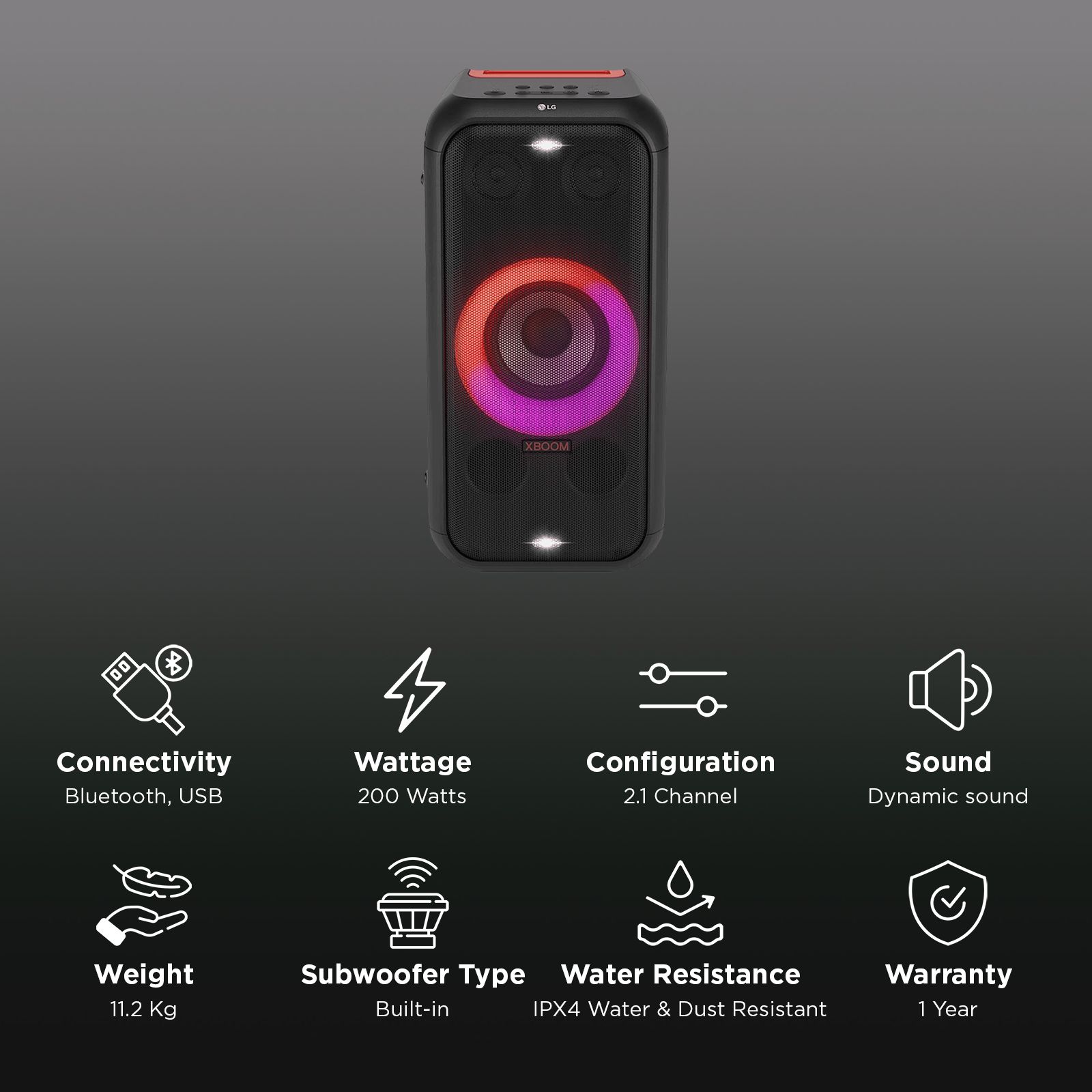 LG XBOOM XL5S 200W Bluetooth Party Speaker (Multi Color Ring Lighting & Double Strobe Lighting, 2.1 Channel, Black) LG XBOOM XL5S 200W Bluetooth Party Speaker (Multi Color Ring Lighting & Double Strobe Lighting, 2.1 Channel, Black)_2