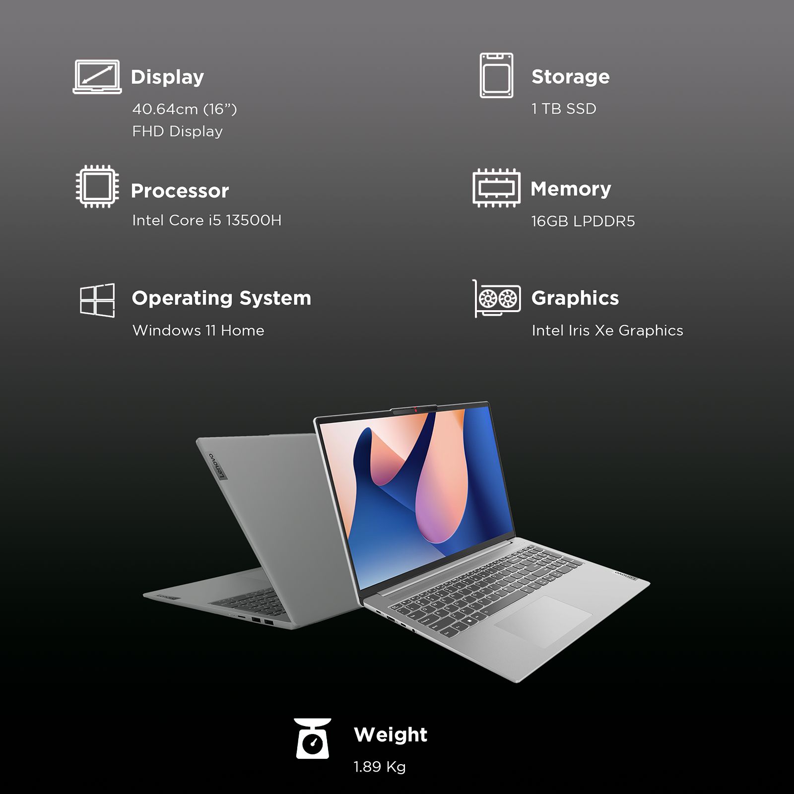 Lenovo Slim 5 Intel Core i5 13th Gen (16 inch, 16GB, 1TB, Windows, MS Office 2021, Intel Iris Xe, Full HD Display, Cloud Grey, 82XF007CIN) _3