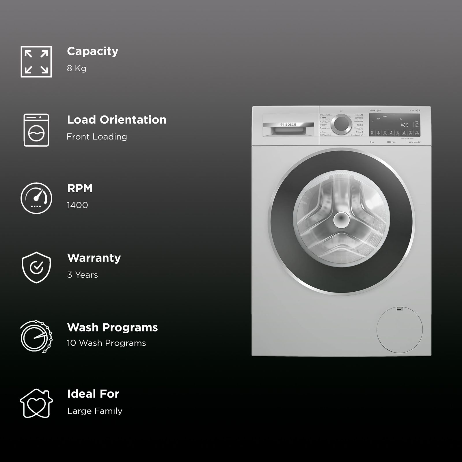 BOSCH 8 kg Fully Automatic Front Load Washing Machine (Series 6, WGA2341SIN, Auto Stain Removal, Silver)_2