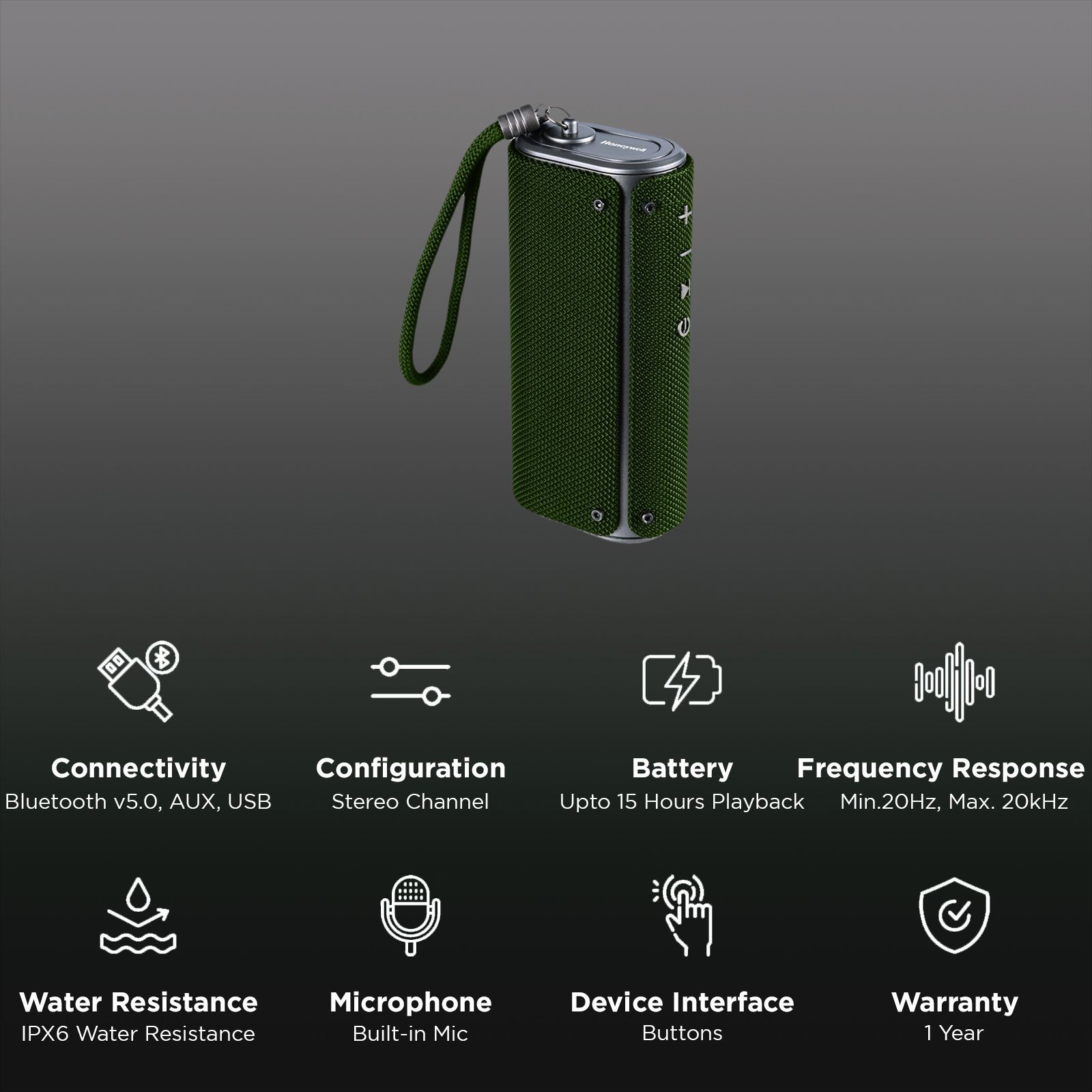 Honeywell Trueno U200 10W Portable Bluetooth Speaker (IPX6 Water Proof, Upto 15 Hours of Playtime, Stereo Channel, Olive Green) Honeywell Trueno U200 10W Portable Bluetooth Speaker (IPX6 Water Proof, Upto 15 Hours of Playtime, Stereo Channel, Olive Green)_3