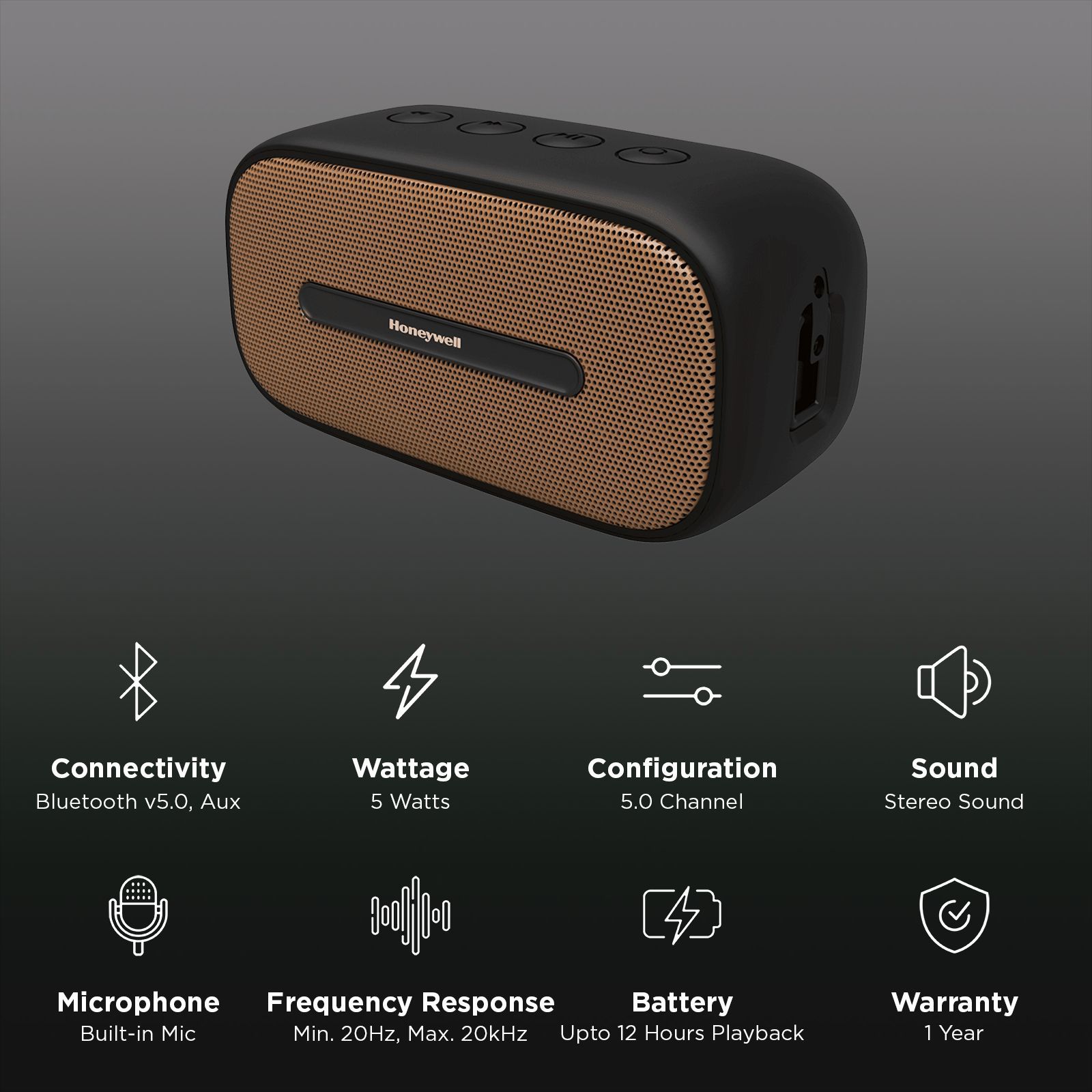 Honeywell Suono P100 5W Portable Bluetooth Speaker (IPX7 Water Proof, 52 mm Drivers, 5.0 Channel, Black)_3