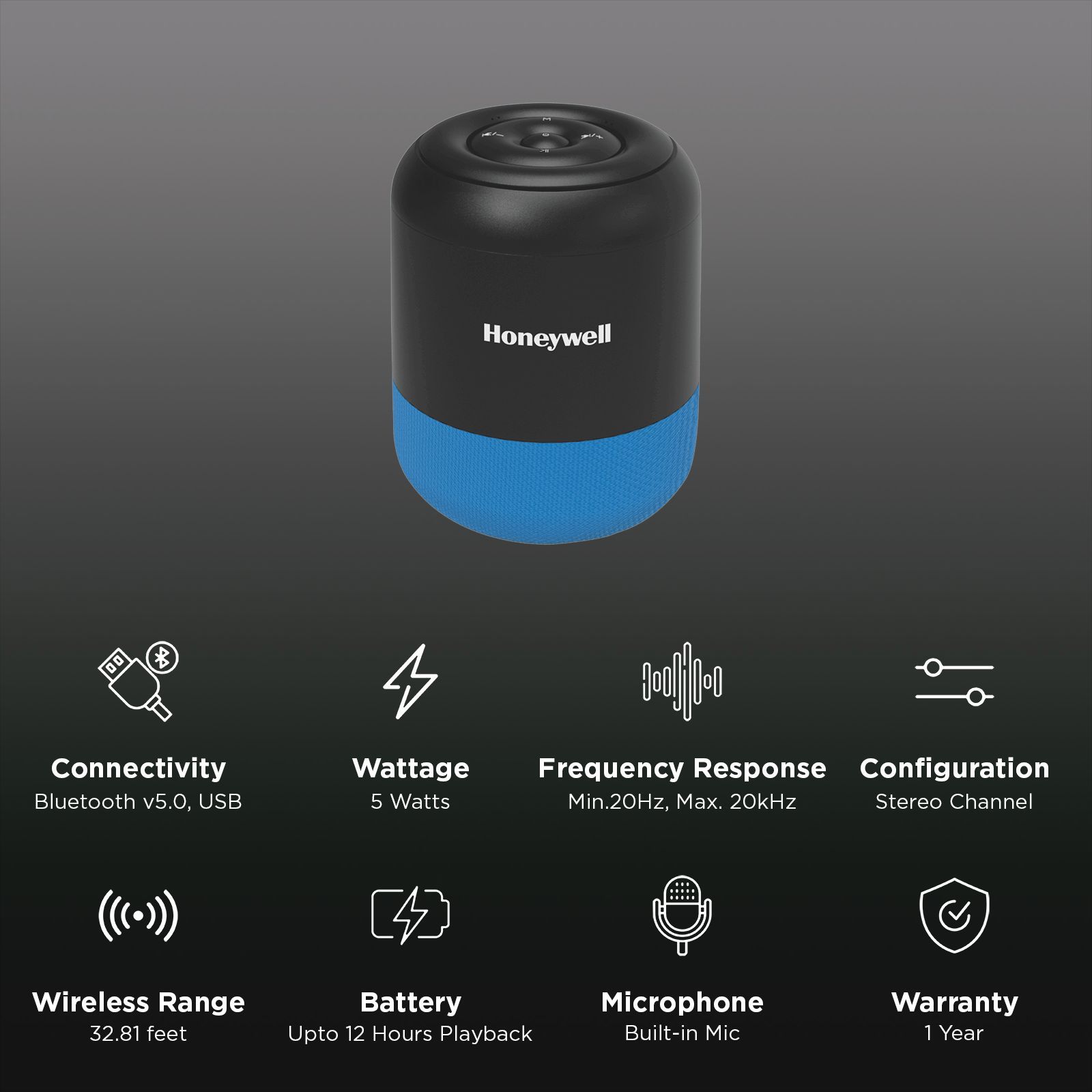 Honeywell Moxie V200 5W Portable Bluetooth Speaker (IPX4 Water Resistant, 52 mm Drivers, Stereo Channel, Blue) Honeywell Moxie V200 5W Portable Bluetooth Speaker (IPX4 Water Resistant, 52 mm Drivers, Stereo Channel, Blue)_3