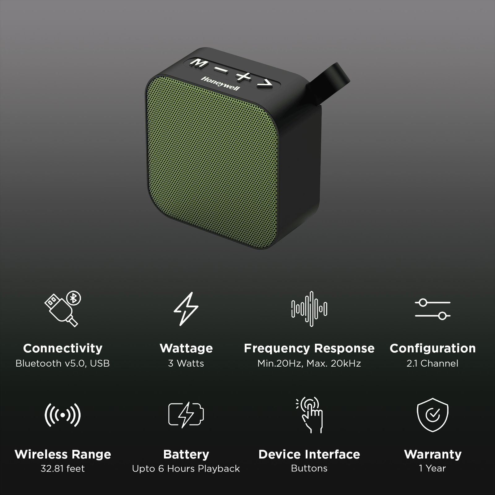 Honeywell Moxie V100 3W Portable Bluetooth Speaker (IPX4 Water Resistant, Stereo Sound, 2.1 Channel, Olive Green)_3