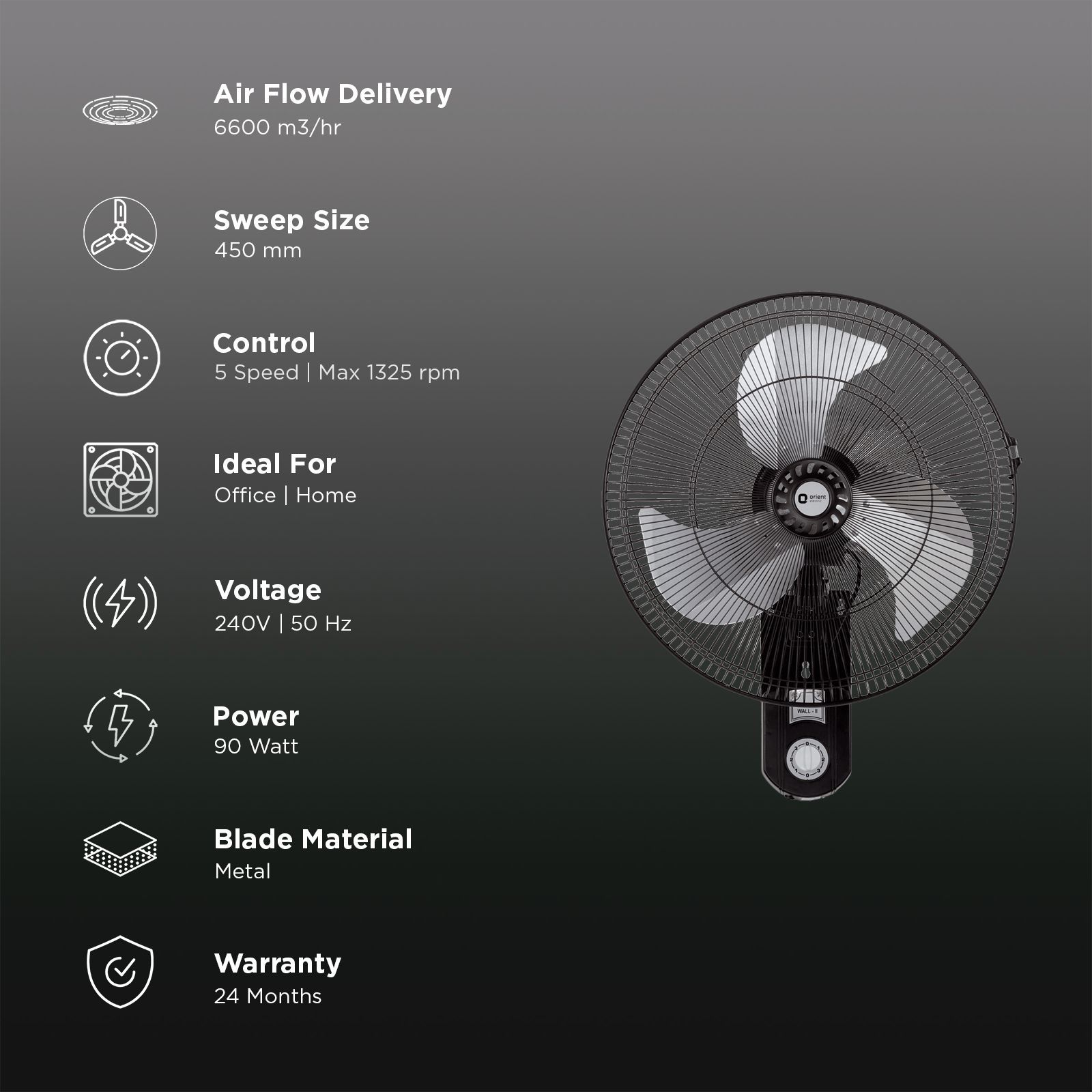 Orient Tornado II 450mm 3 Blade High Speed Wall Mounted Fan (Inverter Technology, Black)_3