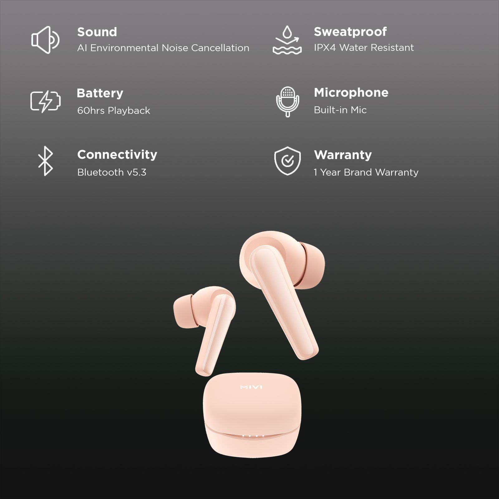 Mivi Duopods N5 TWS Earbuds with AI Noise Cancellation (13mm Driver, Pink)_2