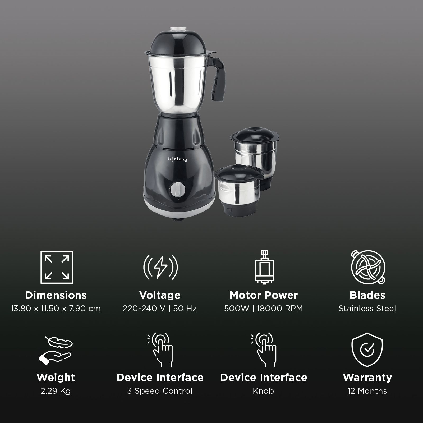 Lifelong Power Pro 500 Watt 3 Jars Mixer Grinder (18000 RPM, Overload Safety Button, Black)_3