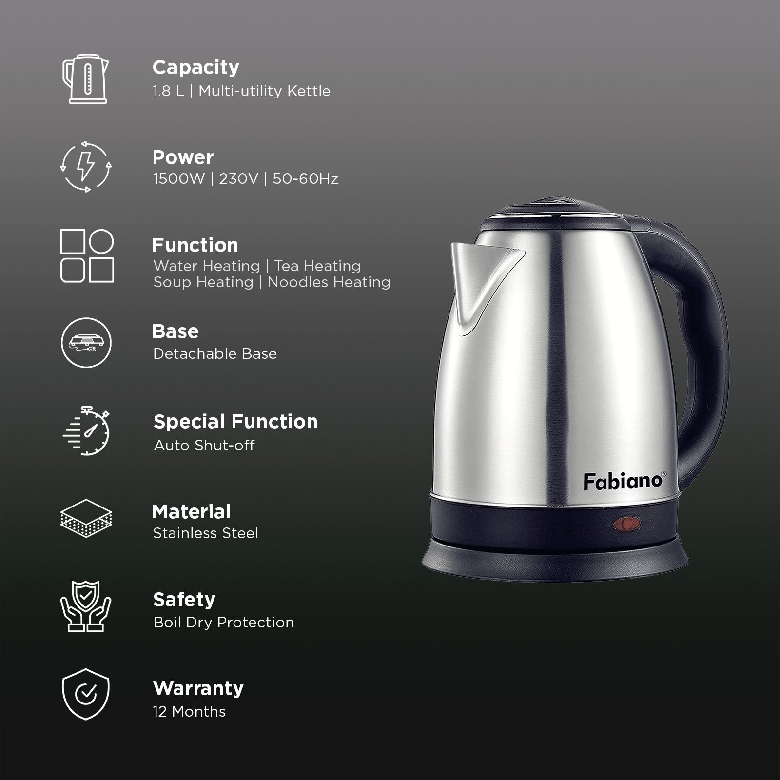Fabiano FAB-E18 1500 Watt 1.8 Litre Electric Kettle with Boil-Dry Protection (Silver)_3