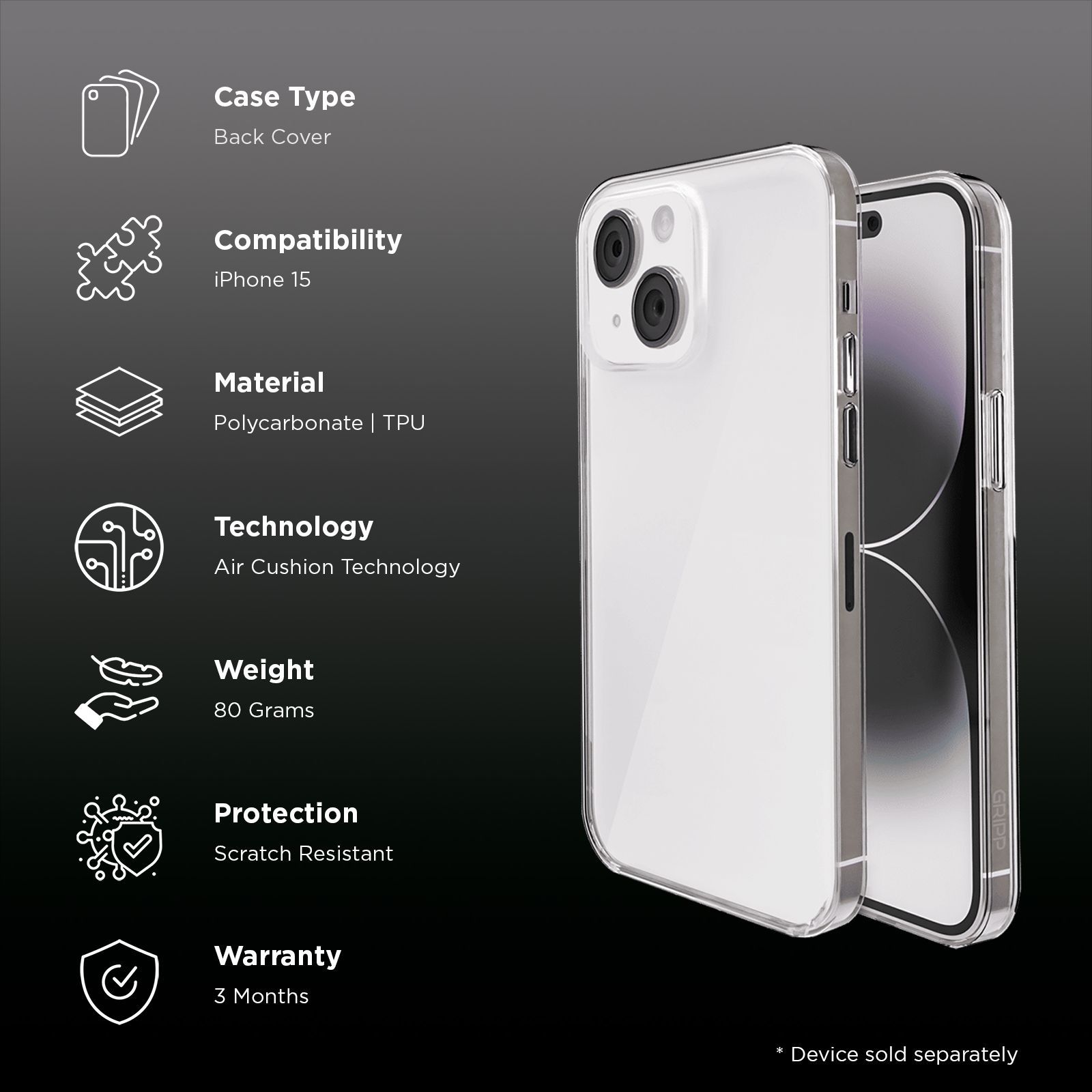 GRIPP Clear Hard & Soft TPU & Polycarbonate Back Cover for Apple iPhone 15 (6ft Drop Tested, Clear)_2