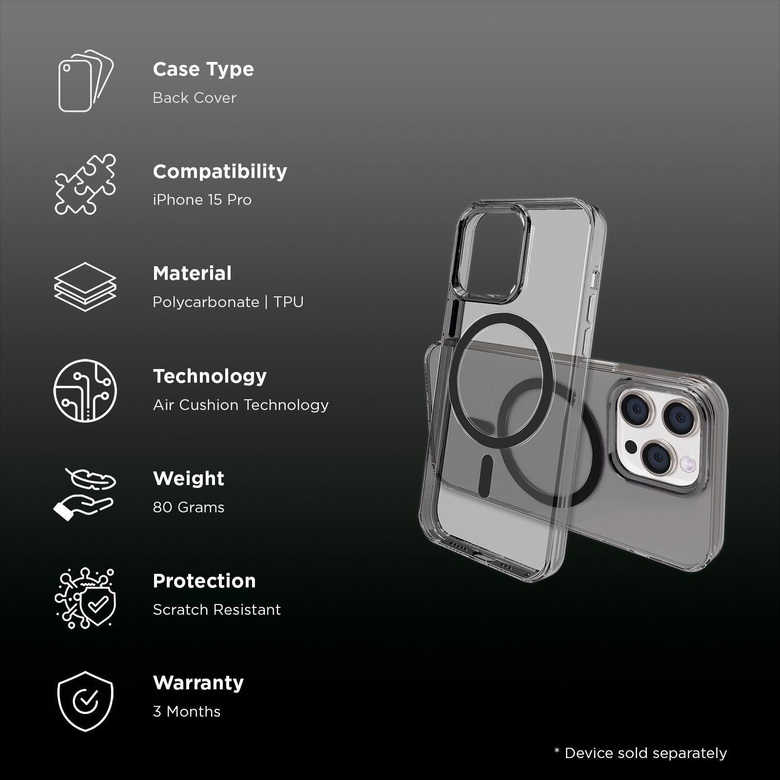 GRIPP Neo Hard & Soft TPU & Polycarbonate Back Cover for Apple iPhone 15 Pro (MagSafe Compatible, Smoke)_2