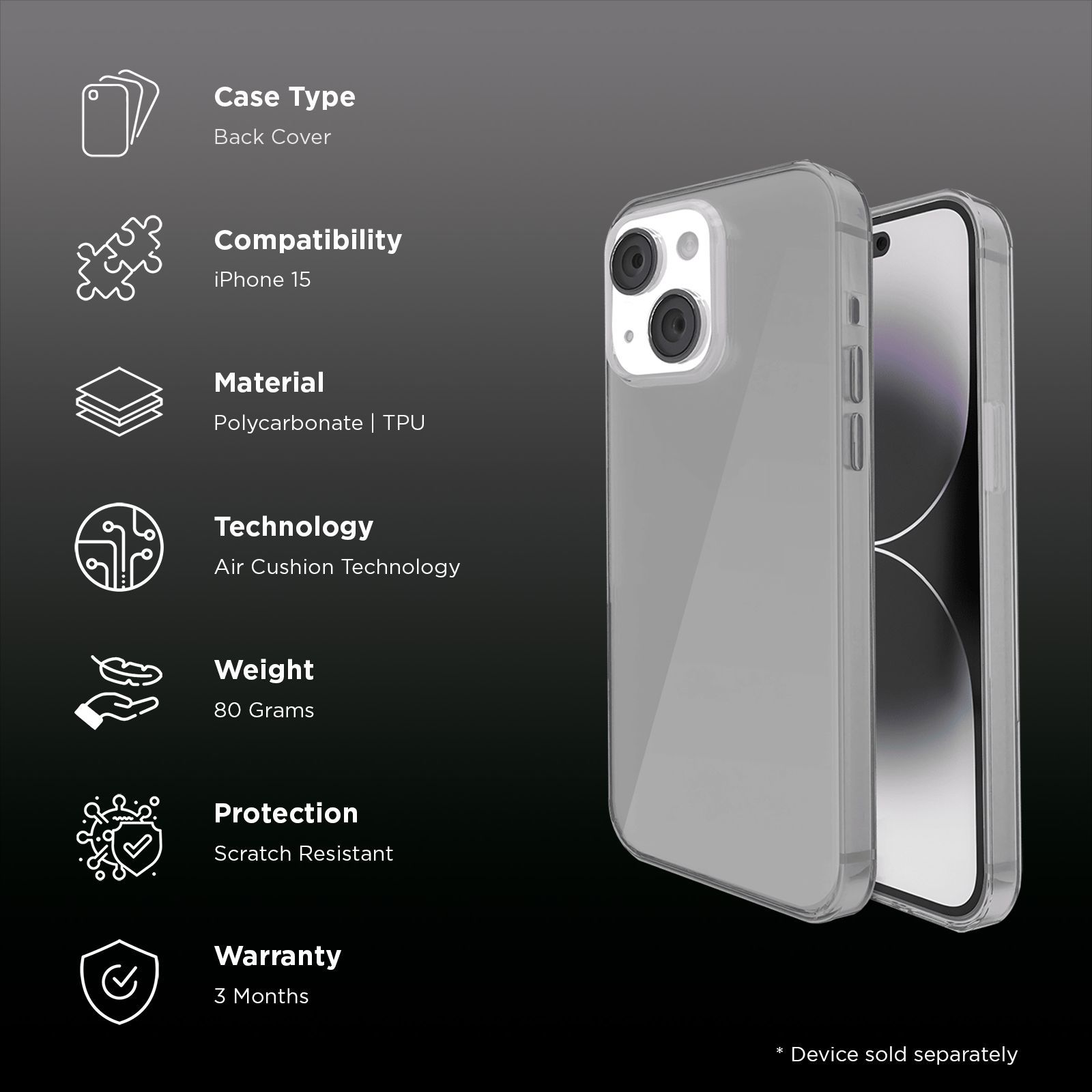 GRIPP Neo Hard & Soft TPU & Polycarbonate Back Cover for Apple iPhone 15 (6ft Drop Tested, Smoke)_2