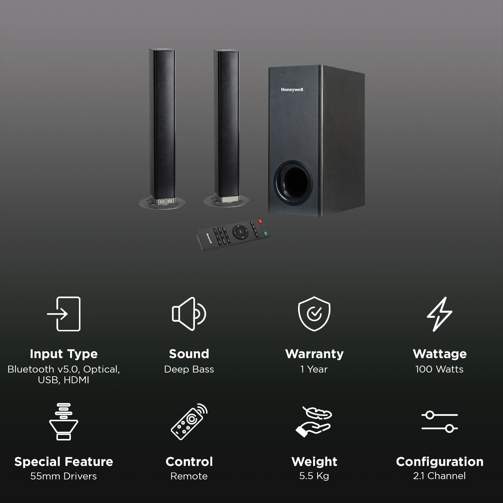 Honeywell Trueno U1000 Duo 100W Bluetooth Soundbar with Remote (Dynamic Sound, 2.1 Channel, Black)_3