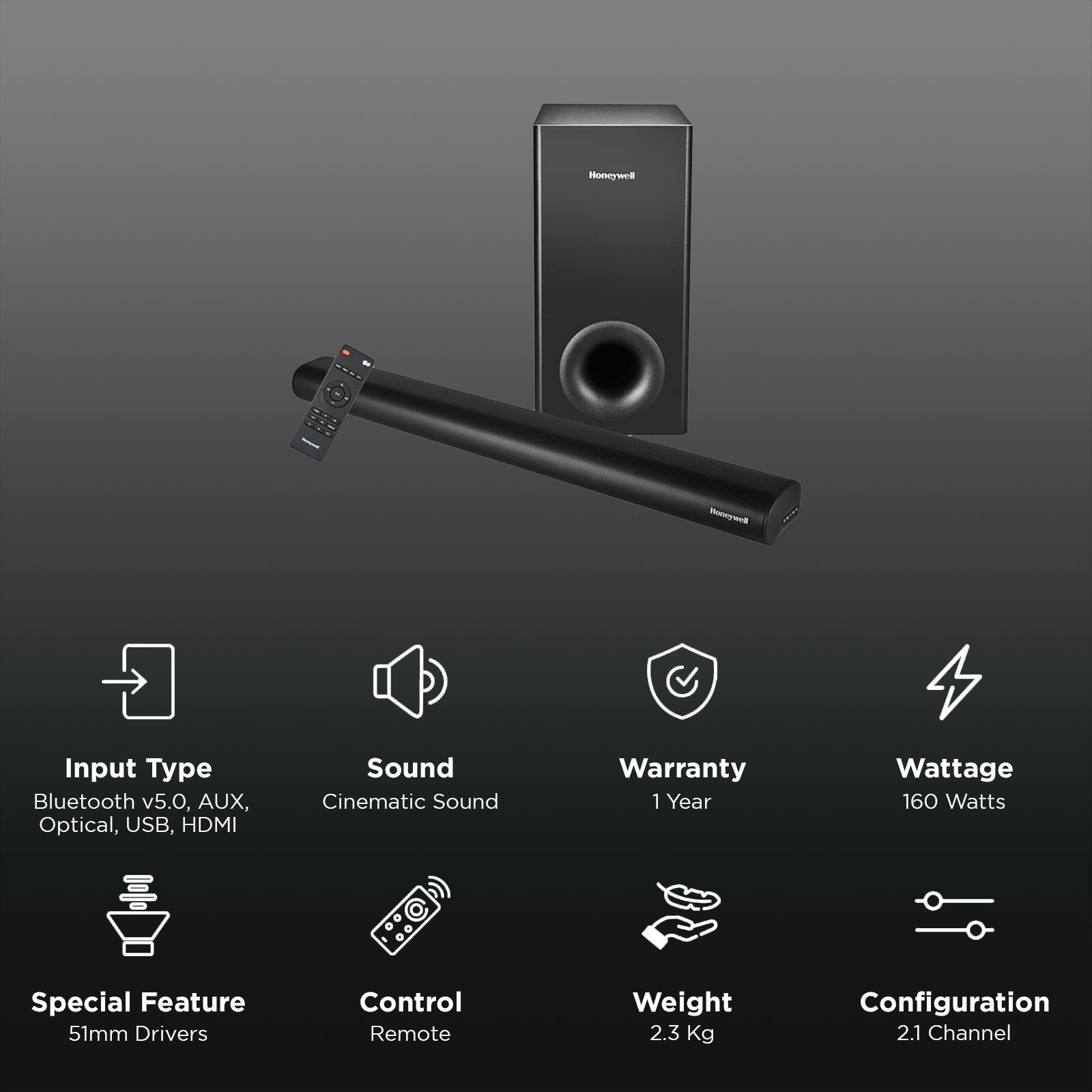 Honeywell TRUENO U3000 160W Bluetooth Soundbar with Remote (3 EQ Mode, 2.1 Channel, Black)_3