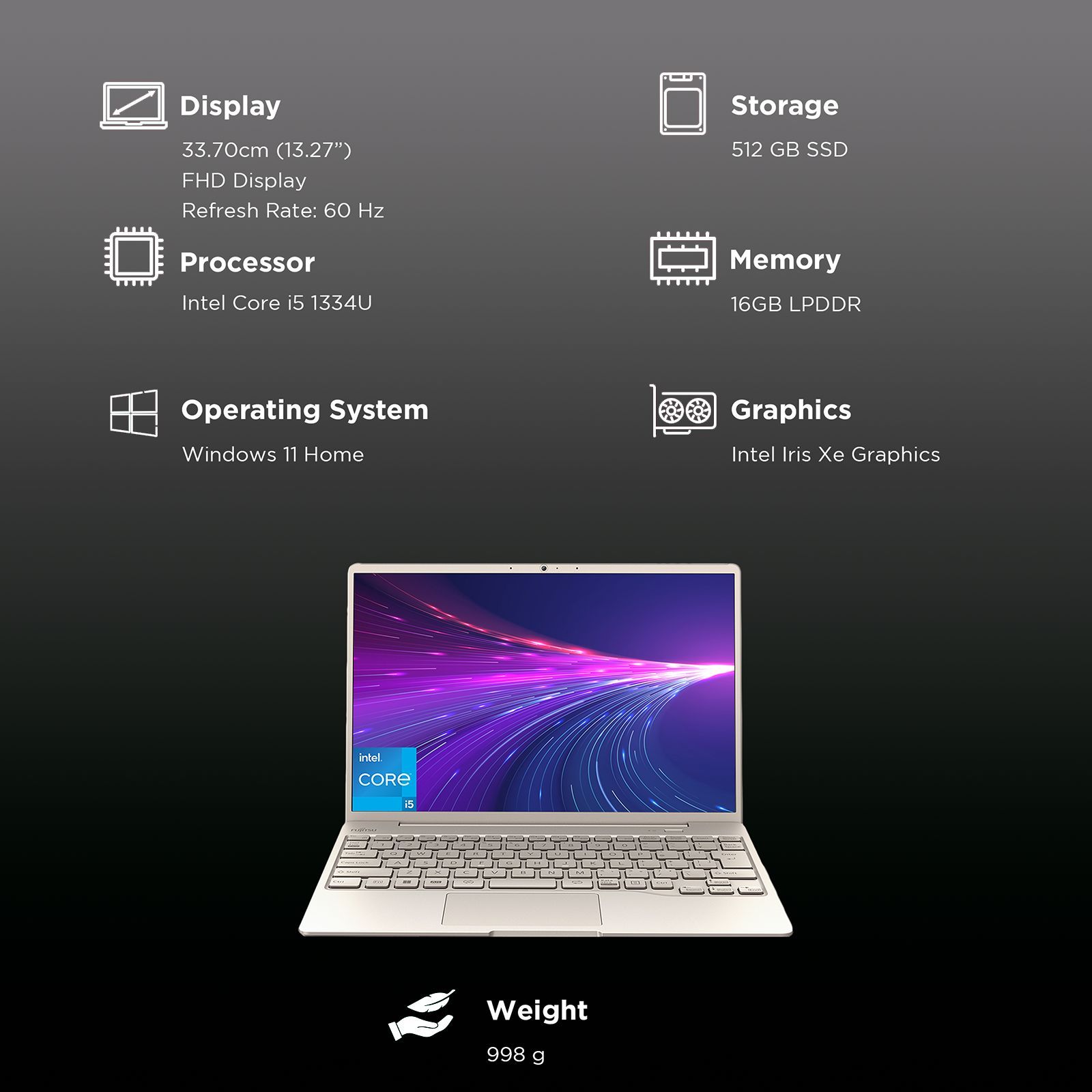 FUJITSU CH Intel Core i5 13th Gen (13.27 inch, 16GB, 512GB, Windows, MS Office 2021, Intel Iris Xe, FHD Display, Beige, 4ZR1L82433)_3