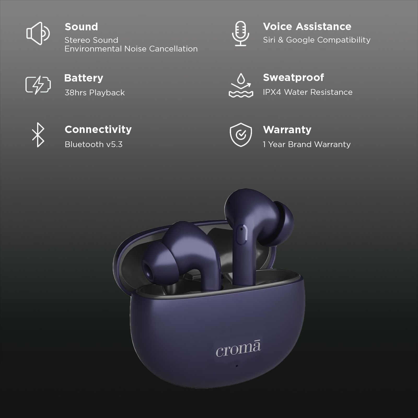 Croma CRSE045EPA030201 TWS Earbuds with Environmental Noise Cancellation (IPX4 Water Resistant, Google & Siri Voice Assistant, Blue)_2