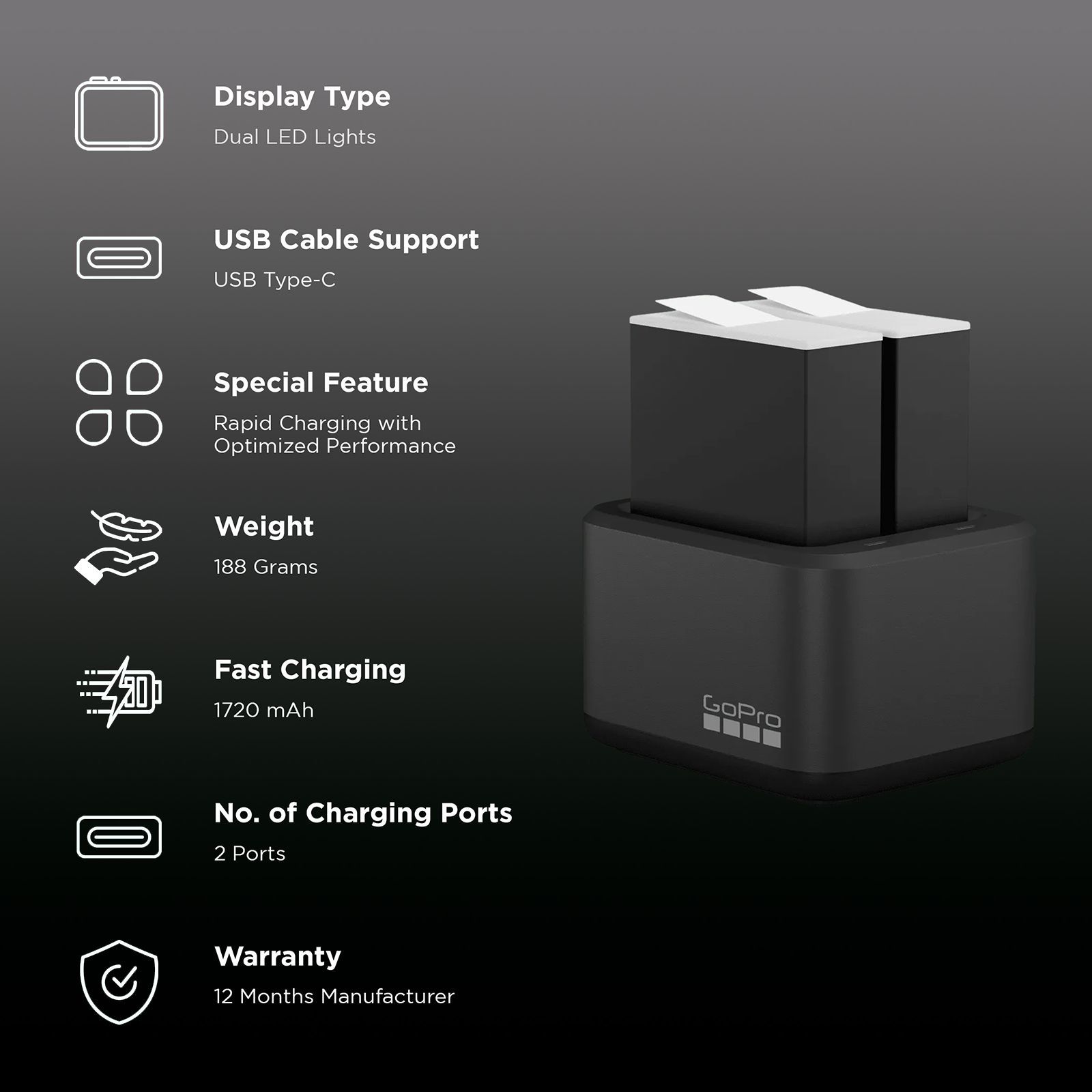 GoPro ADDBD-211-AS Fast Camera Battery Charger for Go Pro HERO09 Black, HERO10 Black, HERO11 Black, HERO12 Black (2-Ports, Dual LED Lights Display) GoPro ADDBD-211-AS Fast Camera Battery Charger for Go Pro HERO09 Black, HERO10 Black, HERO11 Black, HERO12 Black (2-Ports, Dual LED Lights Display)_2