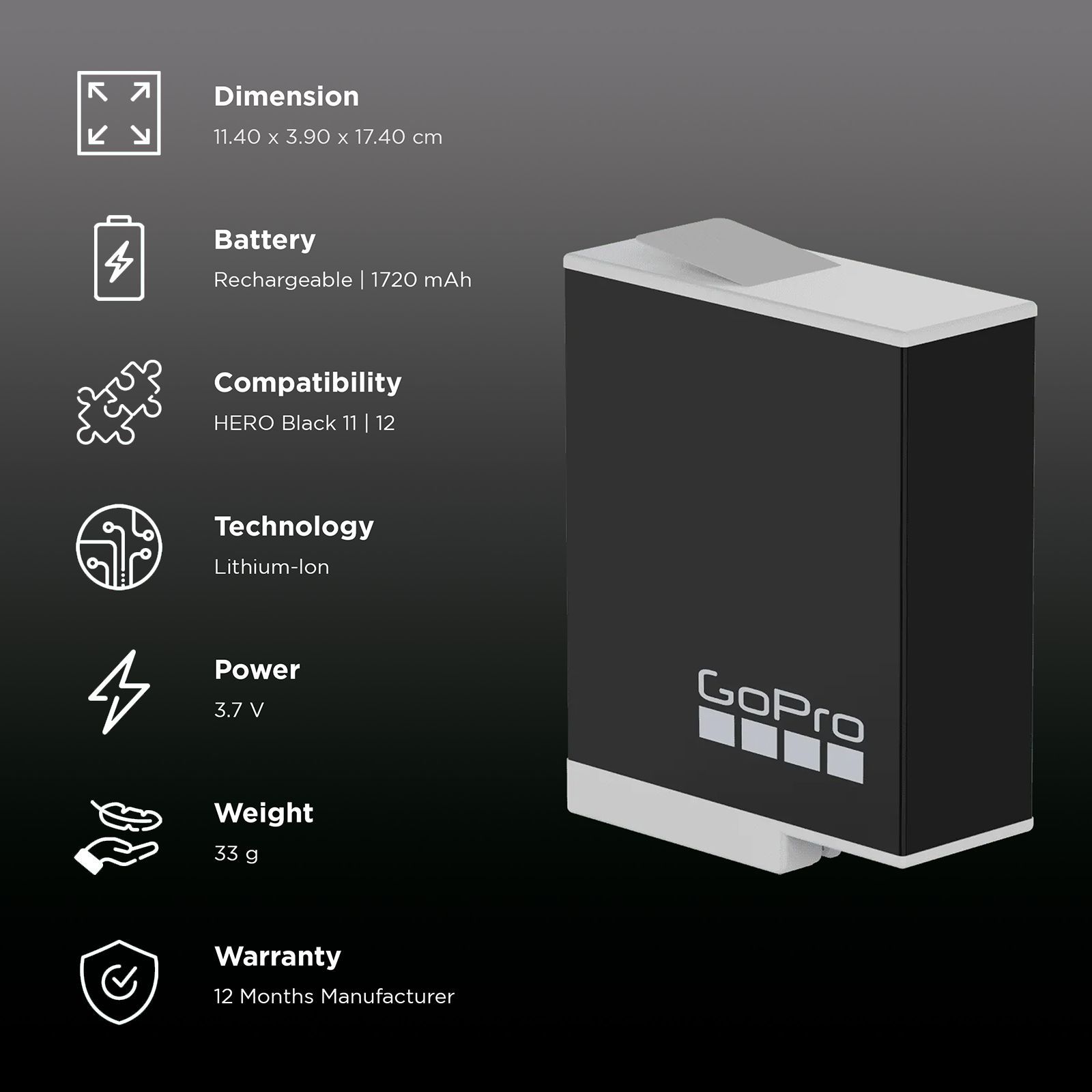 GoPro Enduro 1720 mAh Lithium-ion Rechargeable Battery (Pack of 1) GoPro Enduro 1720 mAh Lithium-ion Rechargeable Battery (Pack of 1)_2