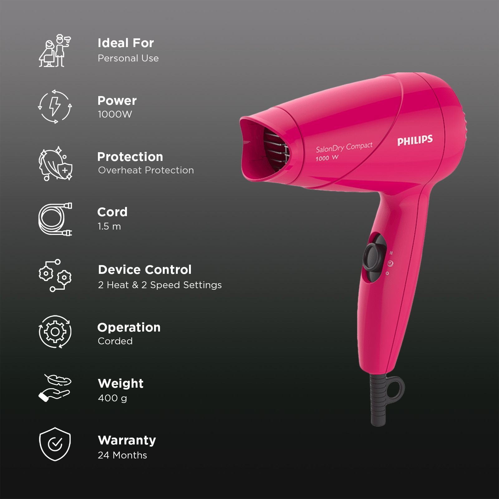 PHILIPS SalonDry Hair Dryer with 2 Heat Settings (Narrow Concentrator, Pink) _3