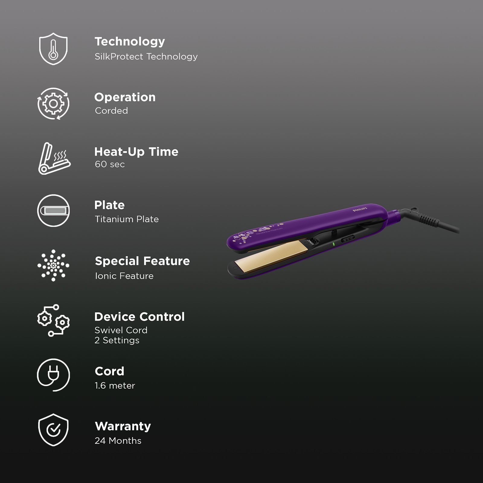 PHILIPS BHS336 Hair Straightener with SilkProtect Technology (Titanium Plates, Purple)_3