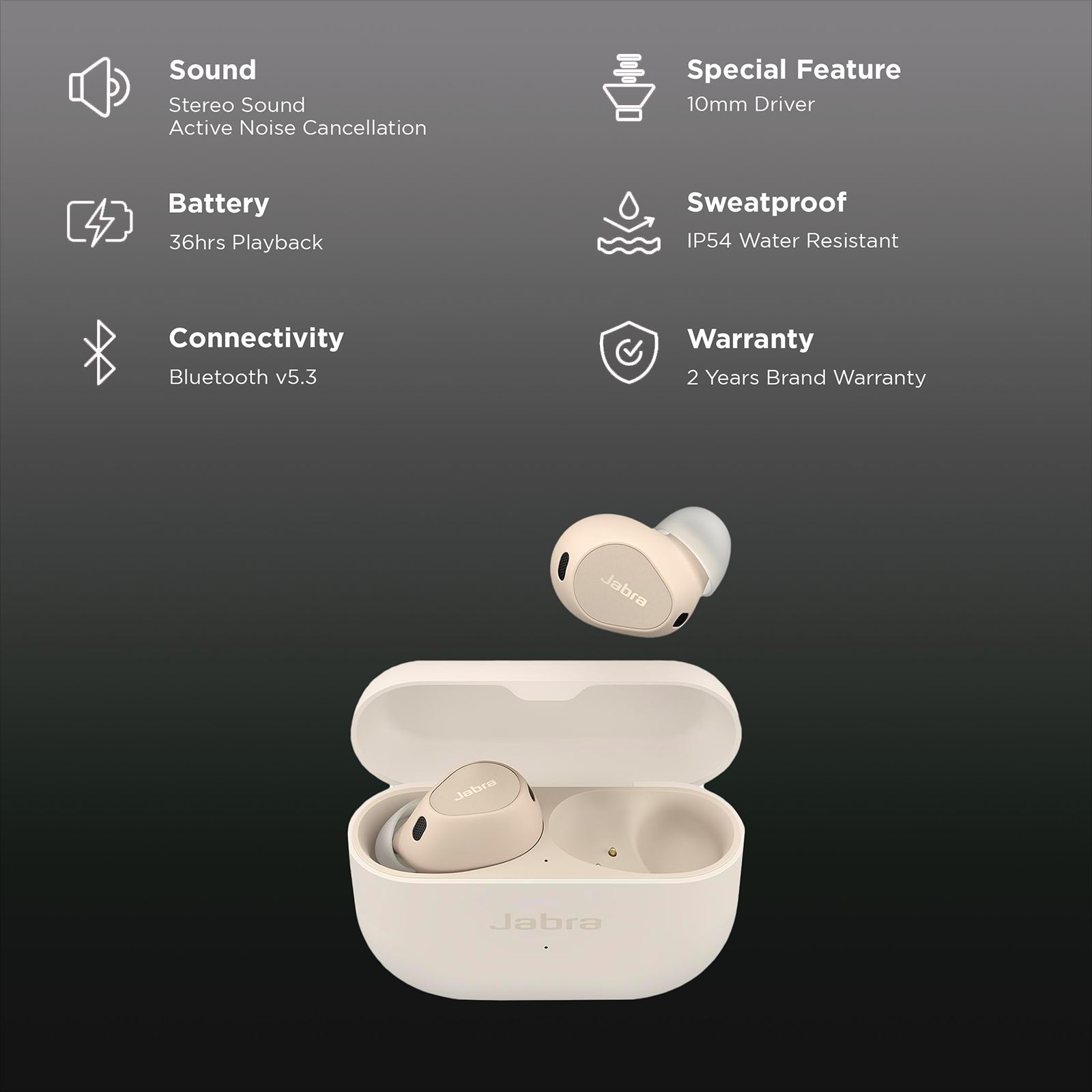 Jabra Elite 10 TWS Earbuds with Active Noise Cancellation (IP54 Water Resistant, Fast Charging, Cream)_2